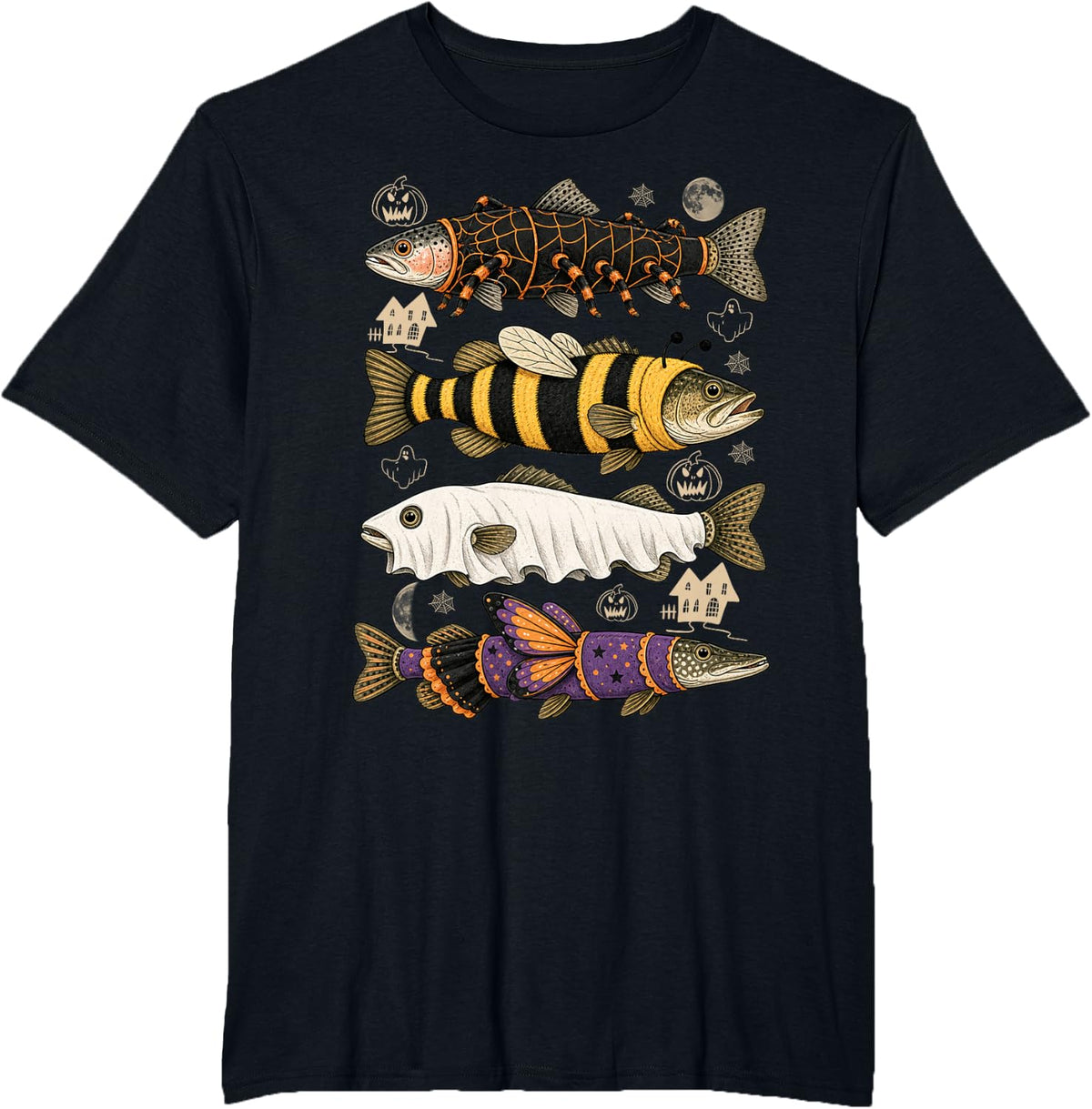 Halloween Trout Fish Ghost Bee Skeleton Spider T-Shirt - Black