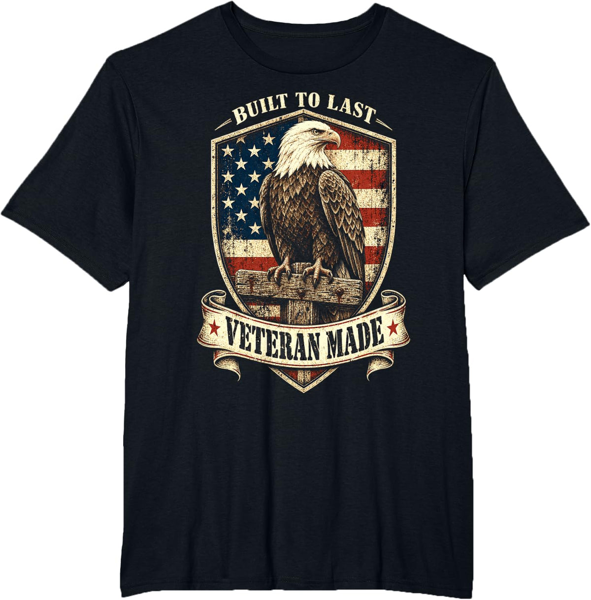 Veteran Made Built to Last Bald Eagle American Flag T-Shirt - Black