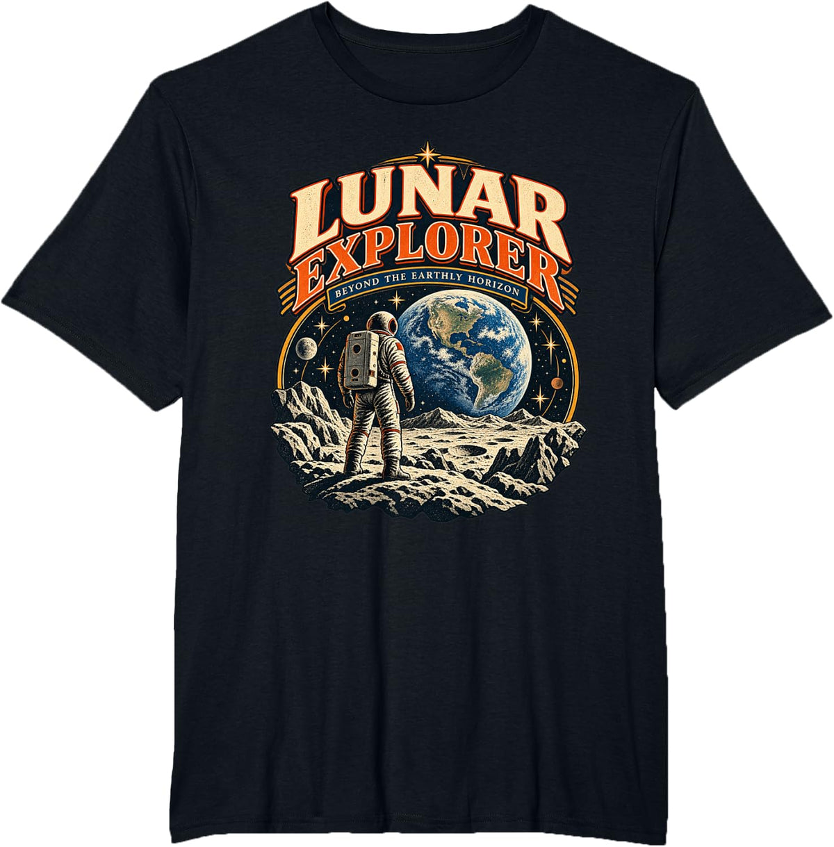 Vintage Lunar Explorer Astronaut Space Adventure T-Shirt - Black