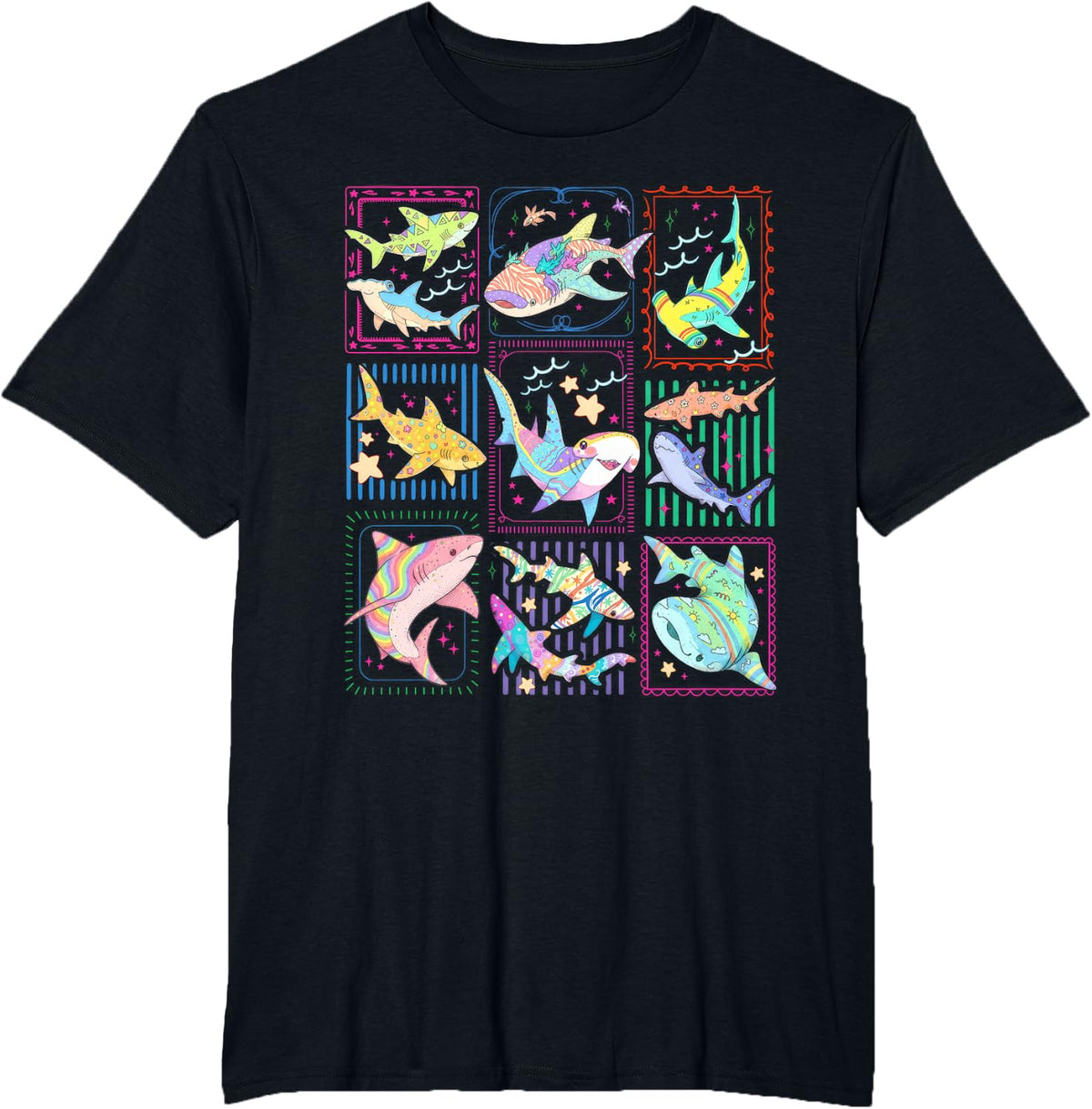 Colorful Shark Species Tropical Ocean Stamp Art T-Shirt - Black