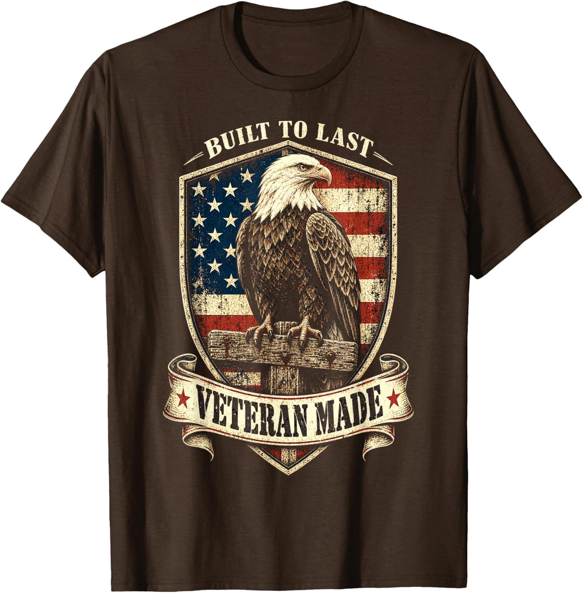 Veteran Made Built to Last Bald Eagle American Flag T-Shirt - Brown