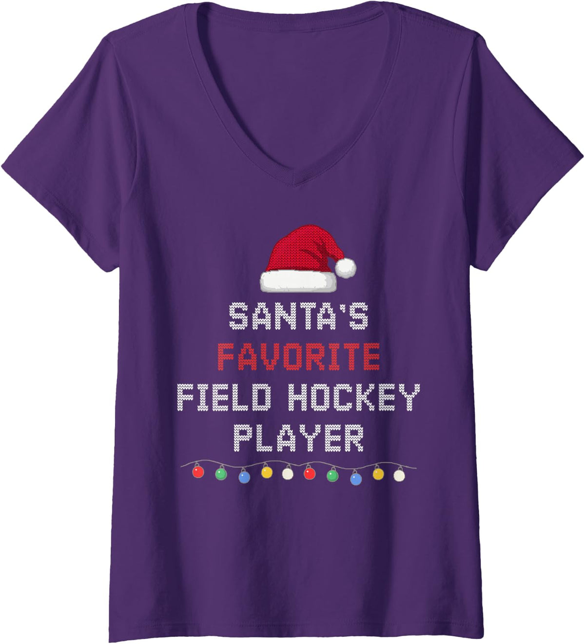 Women's Santa's Favorite Field Hockey Player Funny Christmas Pajamas V-Neck T-Shirt - Purple