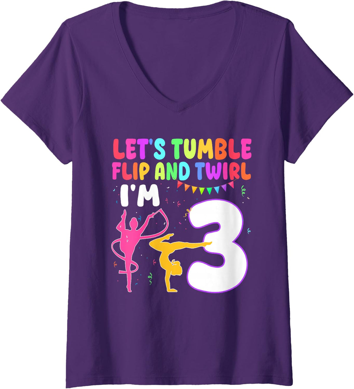Women's 3 Year Old Gymnast Girl 3rd Gymnastics Birthday Party V-Neck T-Shirt - Purple