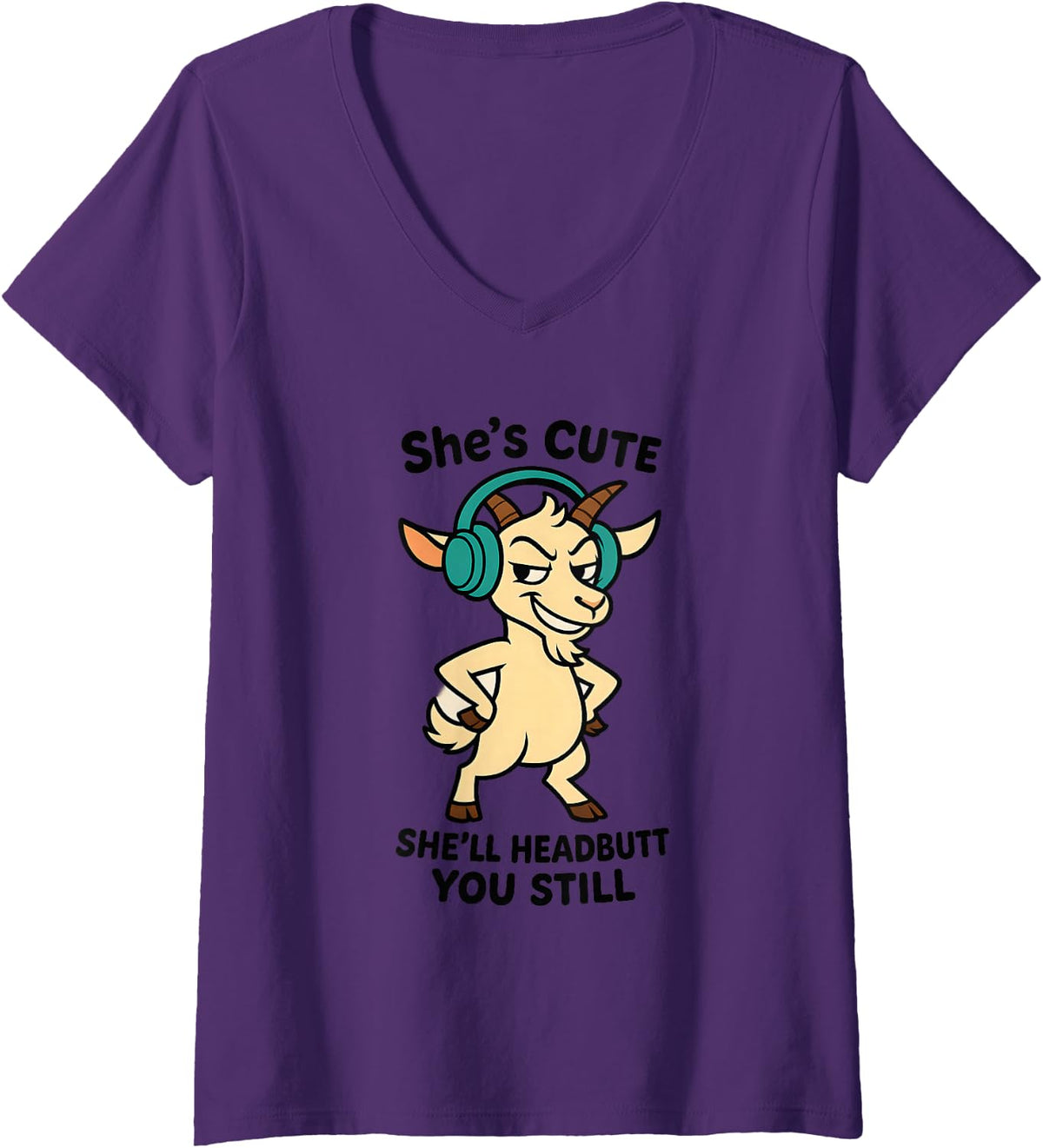 Women's Sassy Cartoon Goat with Teal Headphones Mischievous Grin V-Neck T-Shirt - Purple