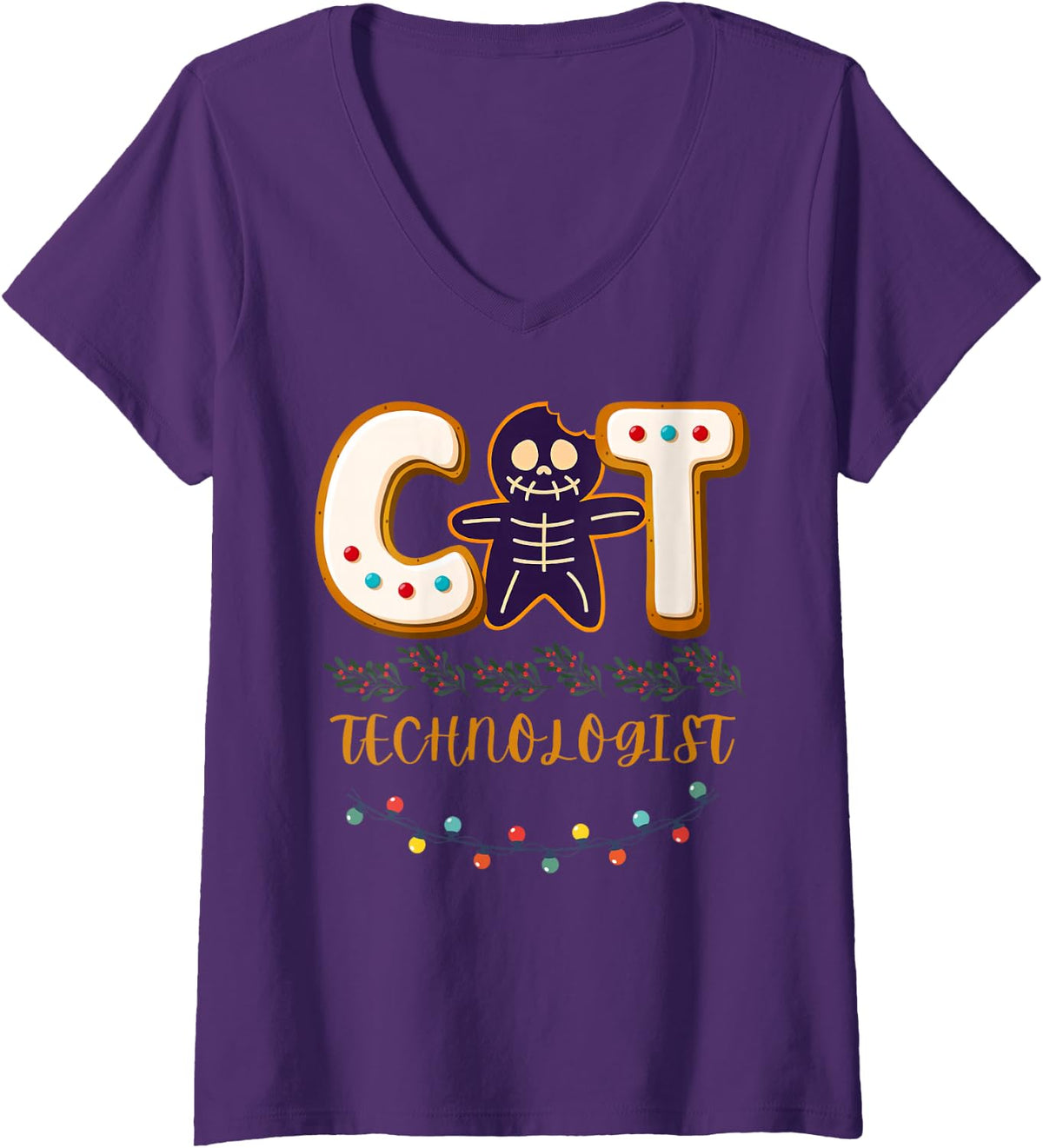 Women's Gingerbread CT Technologist MRI X-ray Tech Christmas Holiday V-Neck T-Shirt - Purple
