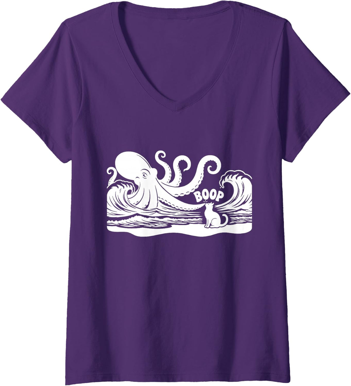 Women's Octopus Boop Cat Under Full Moon Funny Cute Fantasy Night V-Neck T-Shirt - Purple
