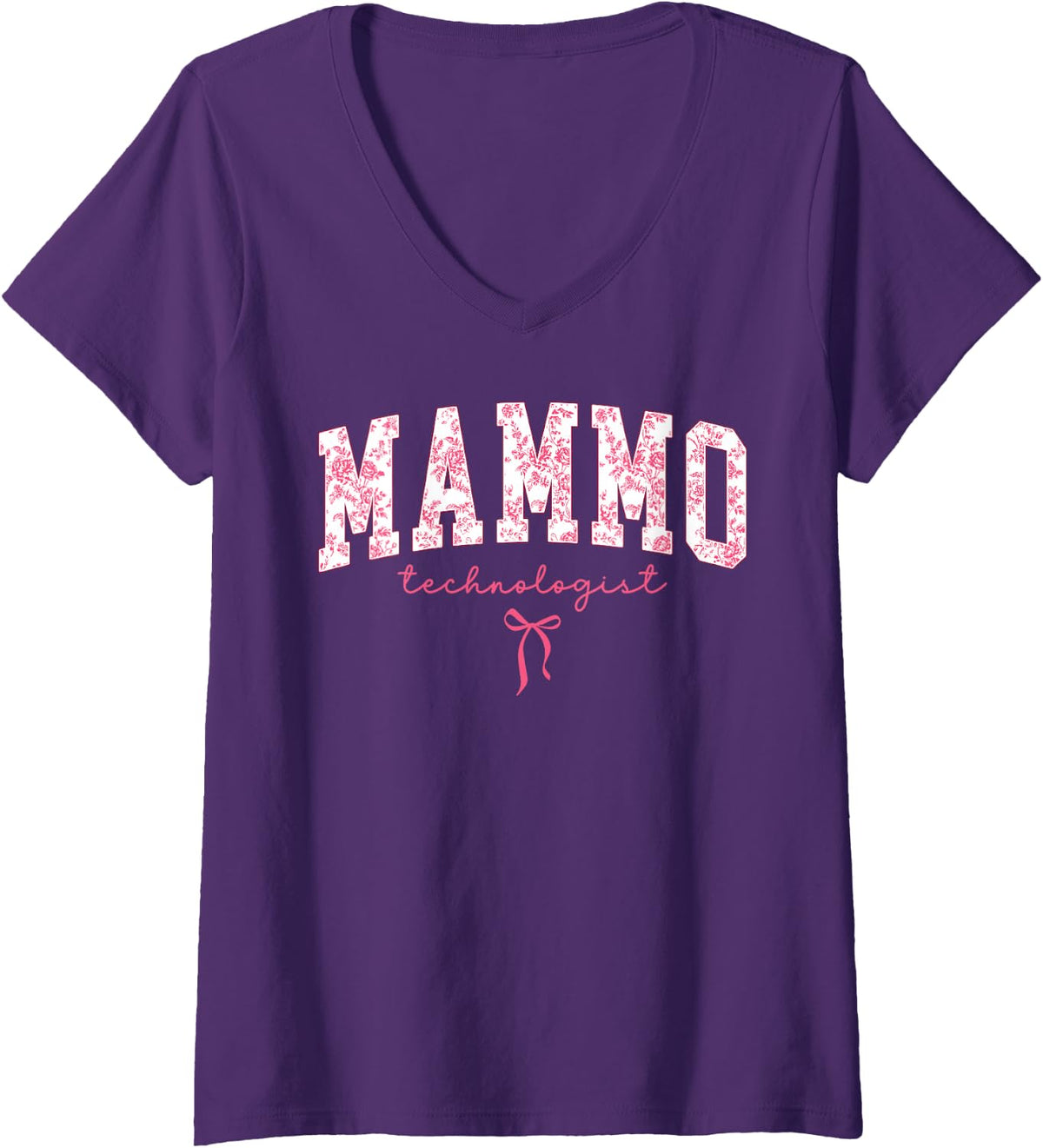 Women's Floral Mammo Technologist Coquette Bow Mammography Tech V-Neck T-Shirt - Purple