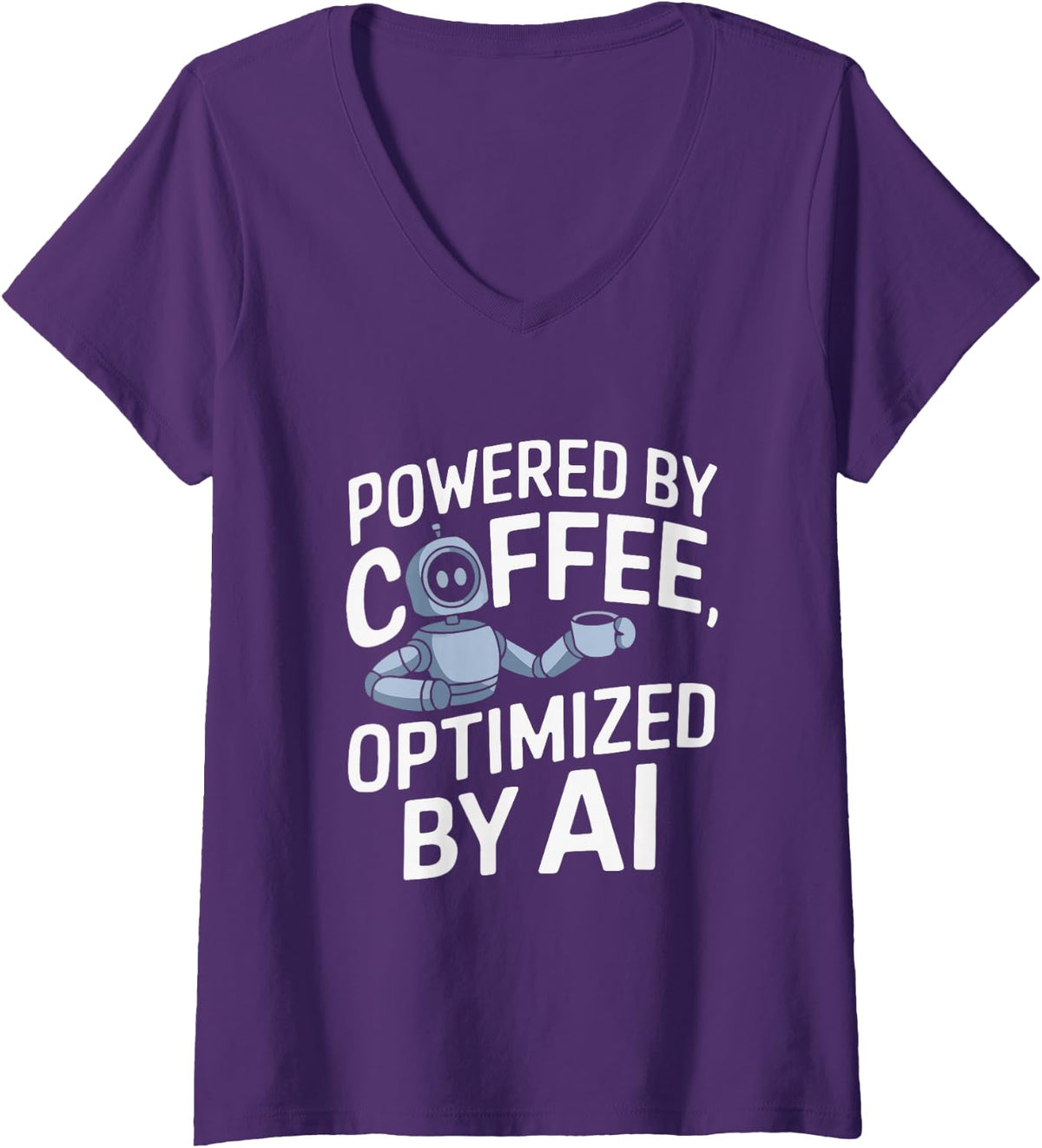 Women's Powered by Coffee Optimized by AI Robot V-Neck T-Shirt - Purple
