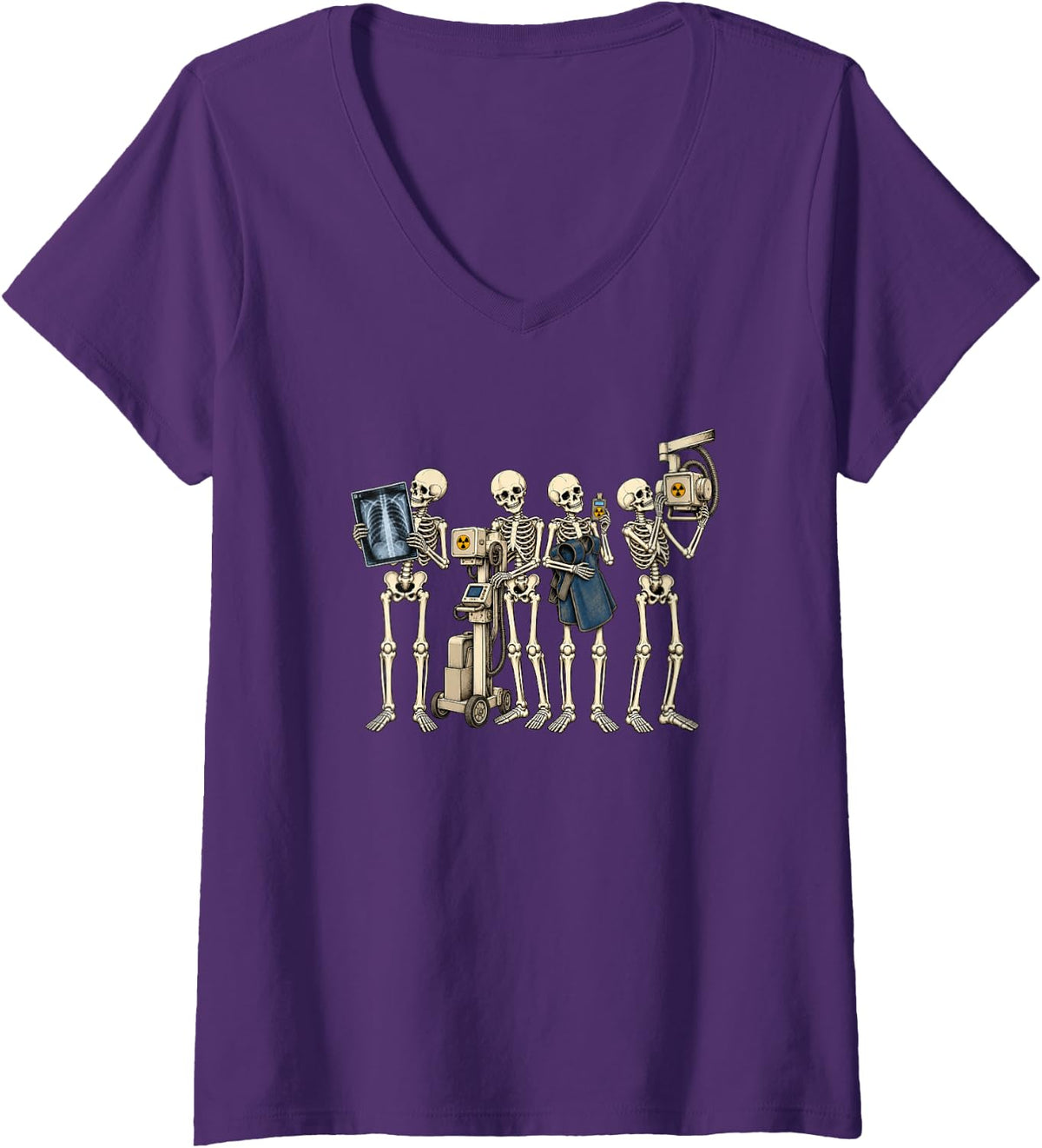 Women's Skeleton Radiology Tech Halloween Spooky Technologist Fall V-Neck T-Shirt - Purple