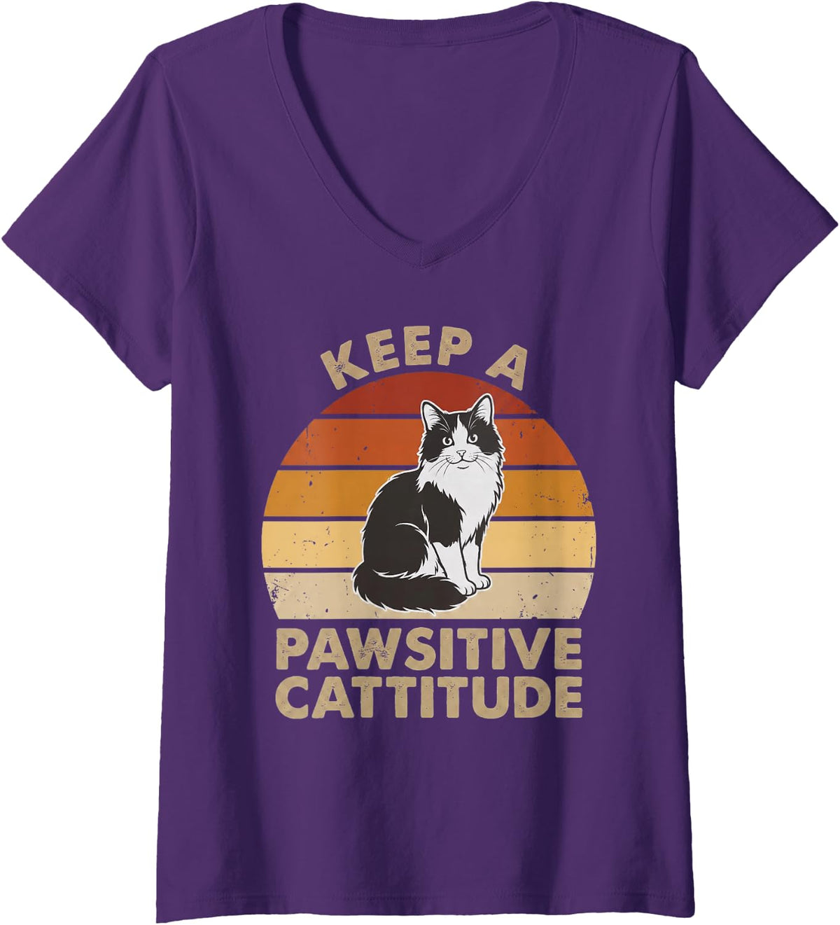 Women's Keep Pawsitive Cattitude Funny Calico Cat Mom Retro Sunset V-Neck T-Shirt - Purple