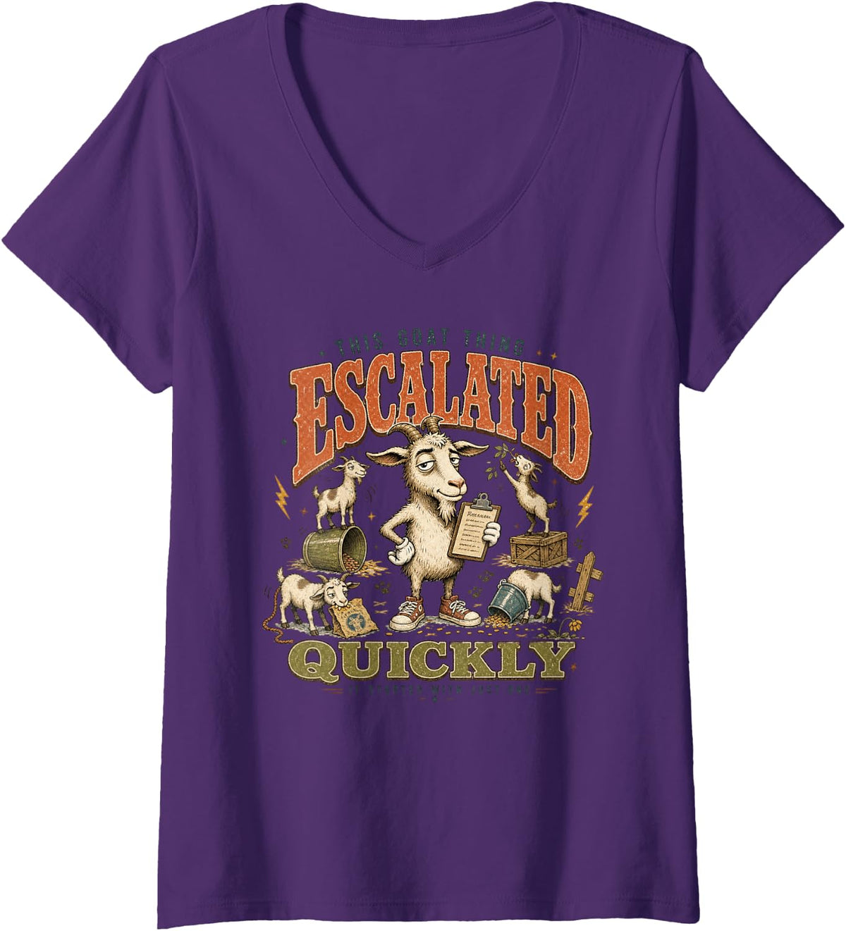 Women's This Goat Thing Escalated Quickly Funny Goats V-Neck T-Shirt - Purple