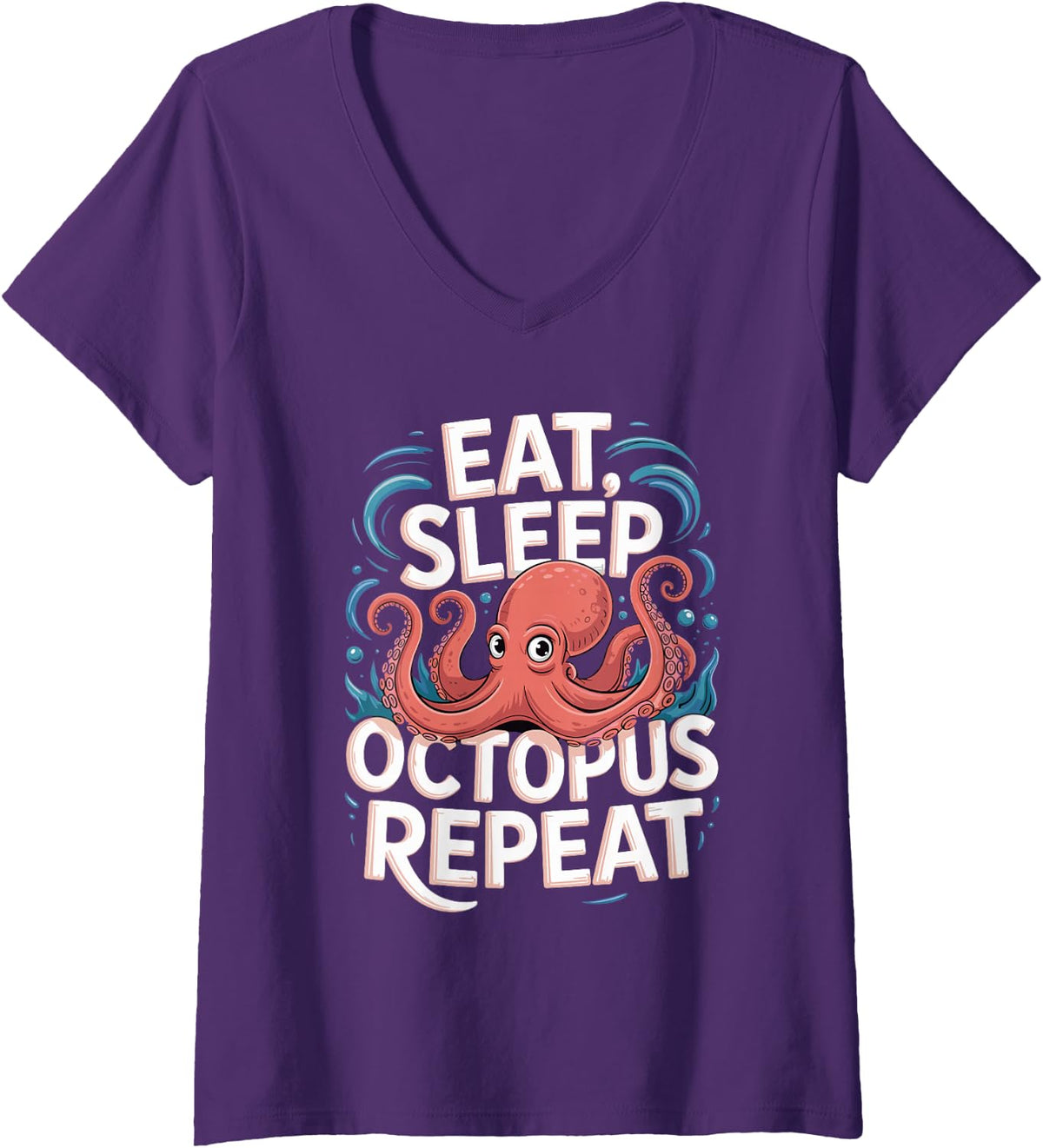 Women's Eat Sleep Octopus Repeat Cephalopod Marine V-Neck T-Shirt - Purple