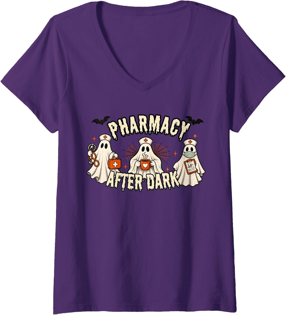 Women's Pharmacy Spooky Pharm Tech Night Shift Halloween V-Neck T-Shirt - Purple