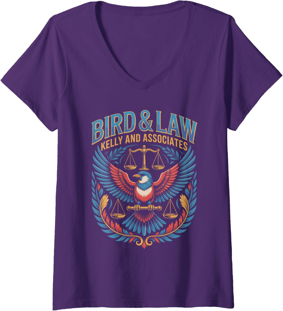 Women's Bird Lawyer Parody with Scales and Birds V-Neck T-Shirt - Purple