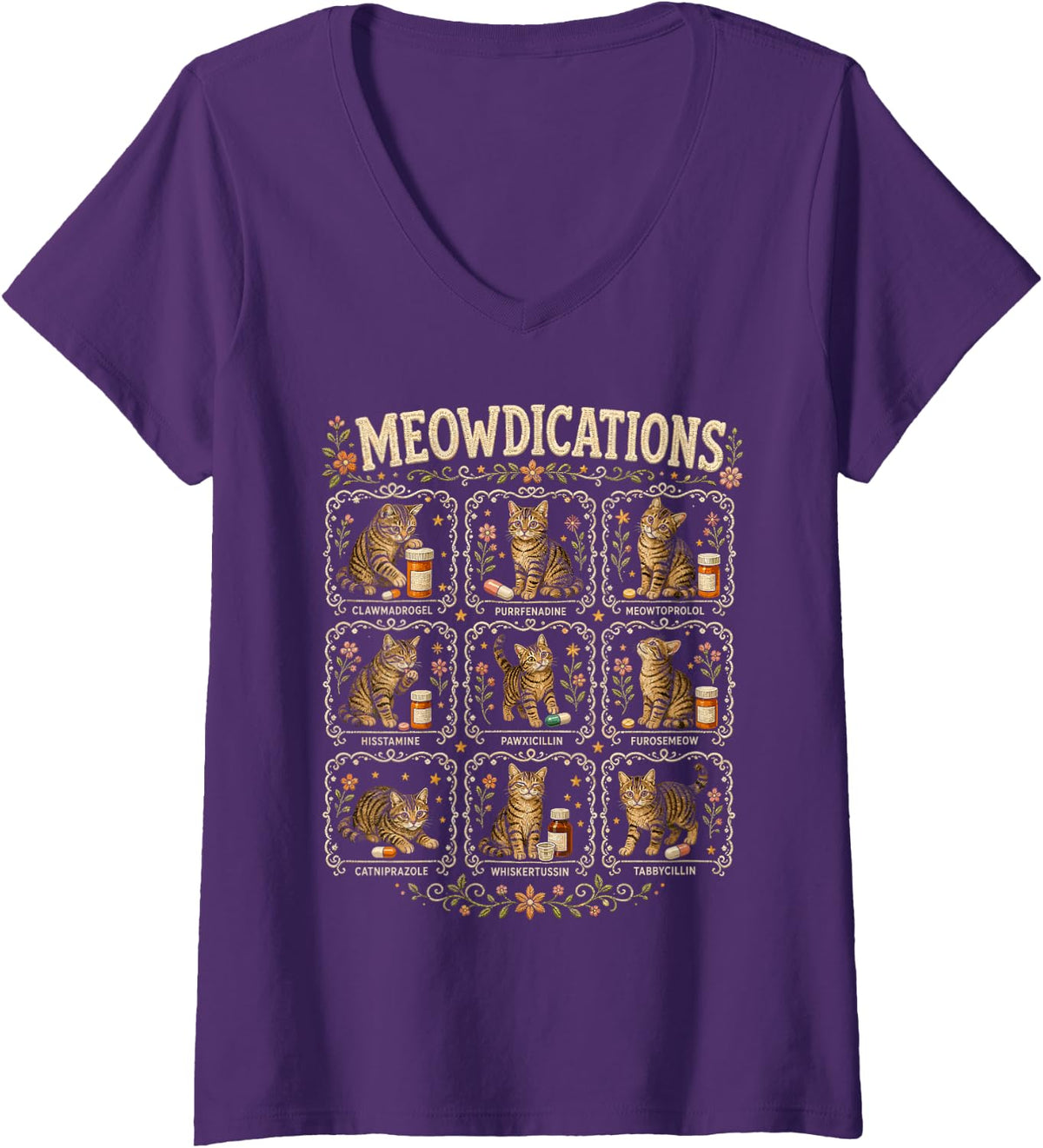 Women's Pharmacy Technician Cat Funny Meowdications V-Neck T-Shirt - Purple