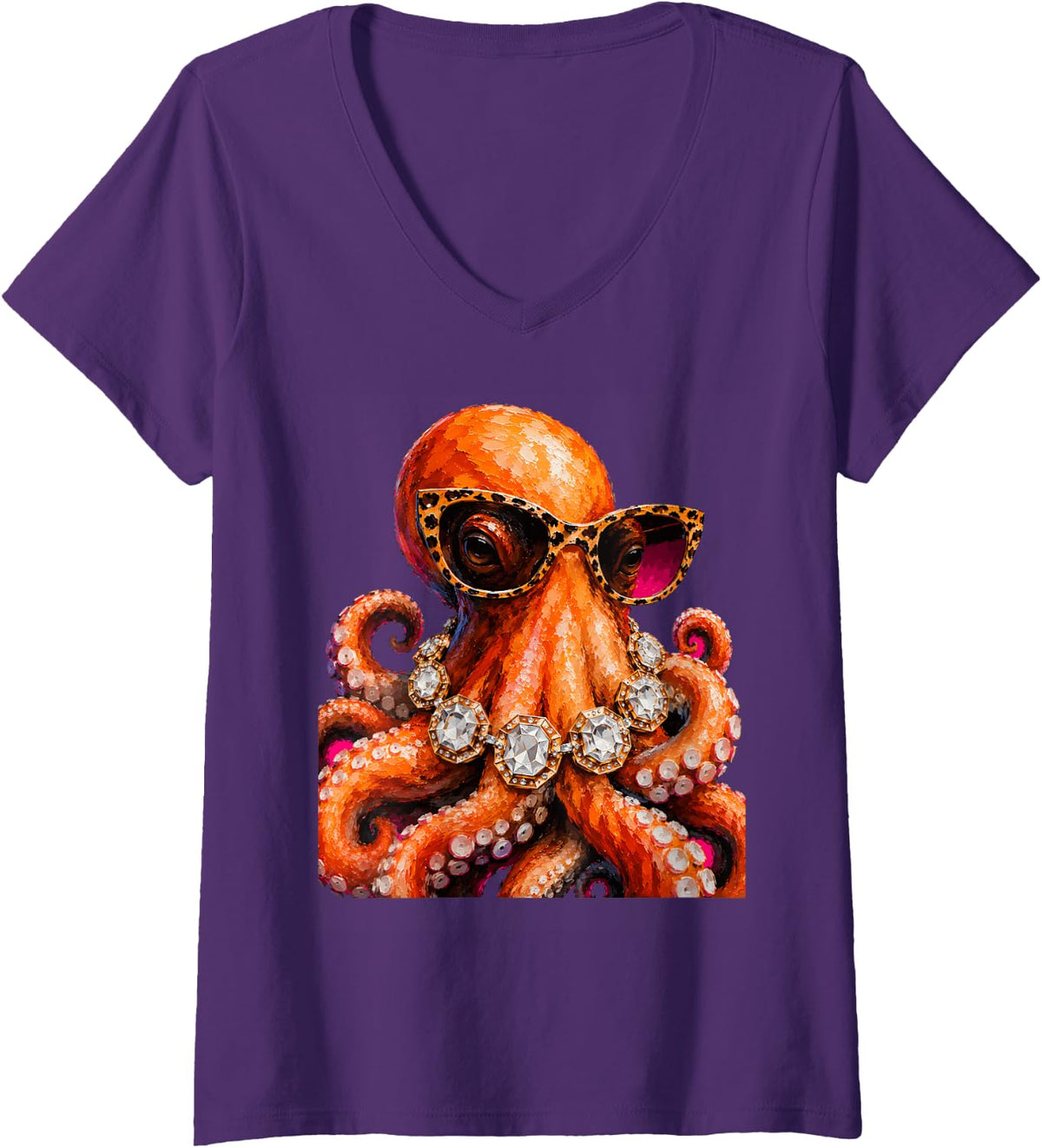 Women's Cool Octopus Roar Leopard Sunglasses Funny Humor V-Neck T-Shirt - Purple