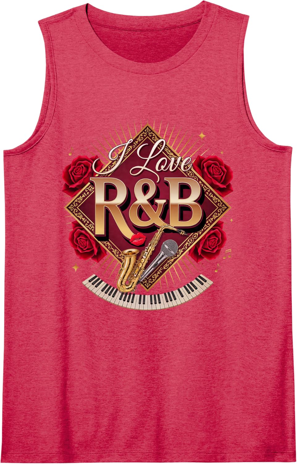 I Love R&B Soul Music Saxophone Roses Classic Music Lover Sleeveless Tank Top - Red