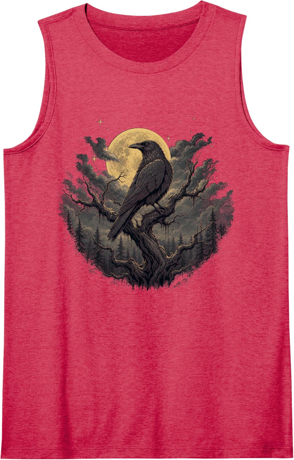 Mysterious Raven on Branch Illustration Sleeveless Tank Top - Red