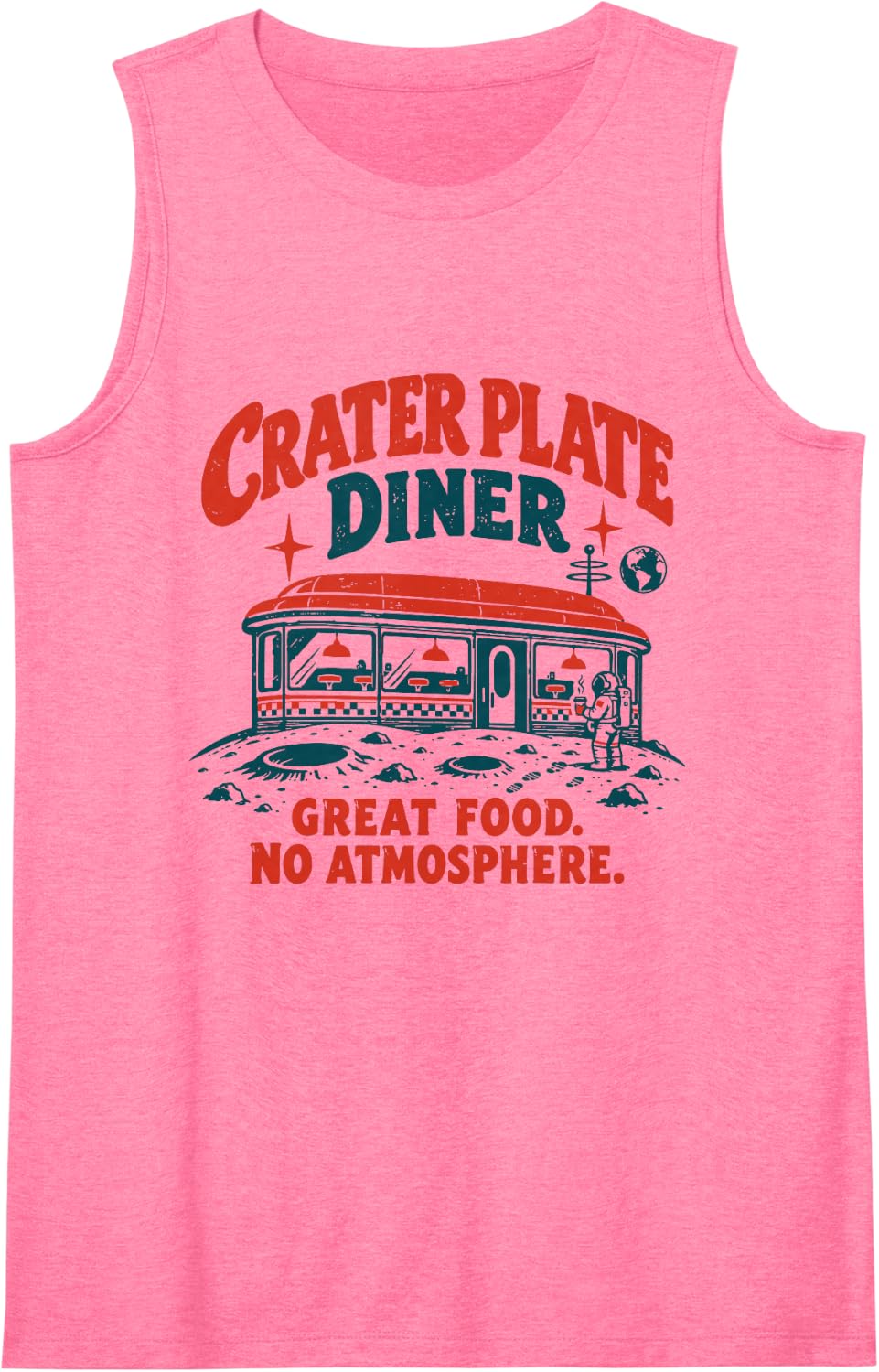 Crater Plate Diner Funny Retro Moon Cafe Astronaut Design Sleeveless Tank Top - Pink