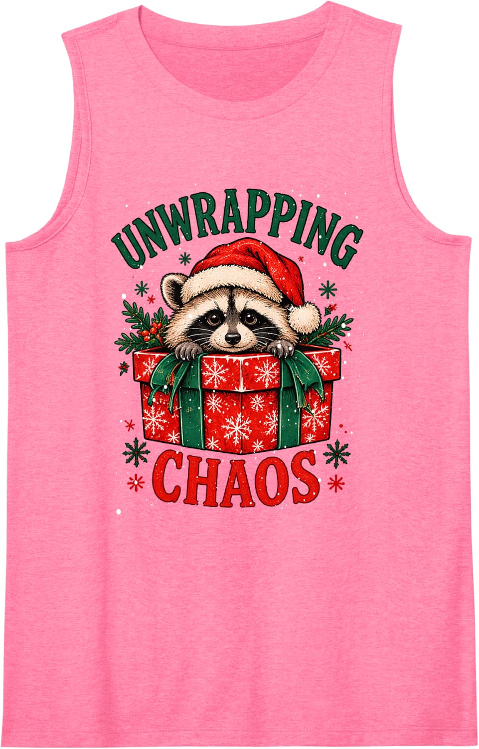 Unwrapping Chaos Funny Raccoon Christmas Sleeveless Tank Top - Pink