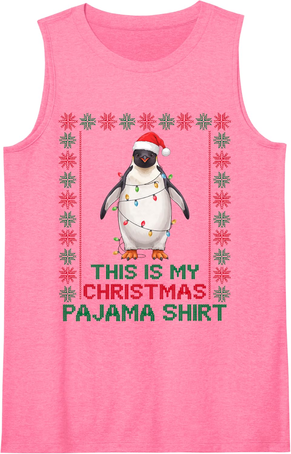 Retro Penguin Funny Santa Hat Ugly Christmas Pajama Holiday Sleeveless Tank Top - Pink