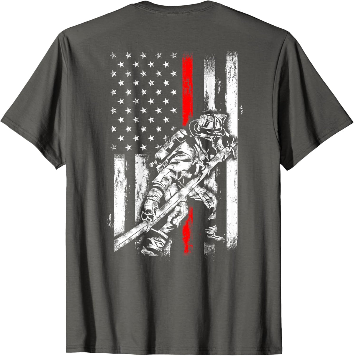 Firefighter Red US Patriotic Funny Fireman American Flag T-Shirt - Asphalt Grey