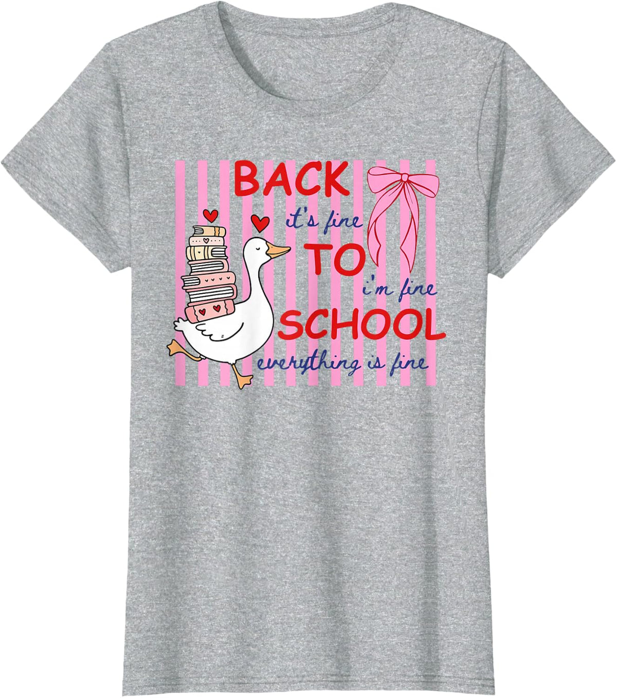 Striped Back to School Goose It's Fine I'm Fine Teacher Life T-Shirt - Heather Grey