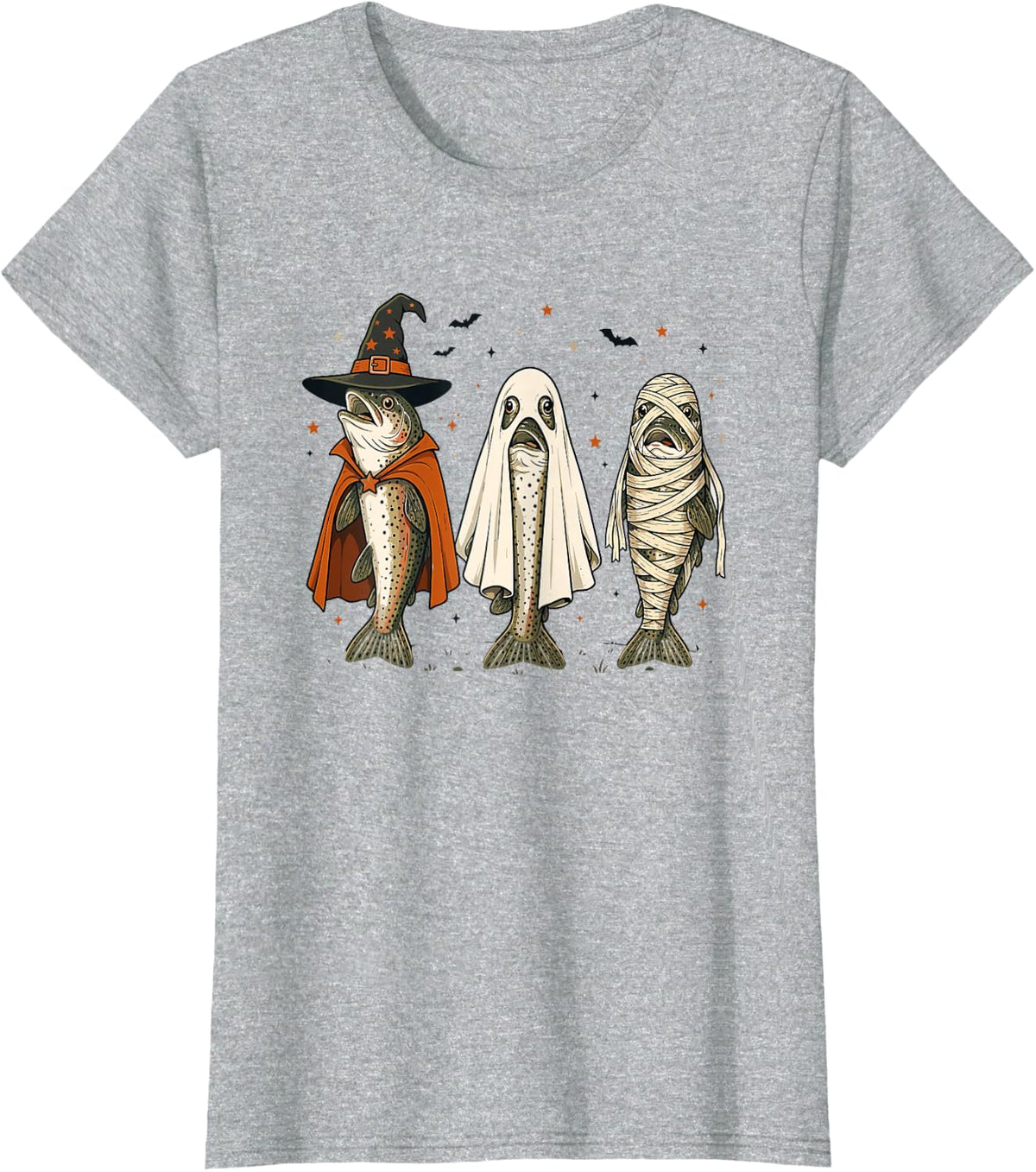 Halloween Trout Fish Ghost Witch Mummy T-Shirt - Heather Grey
