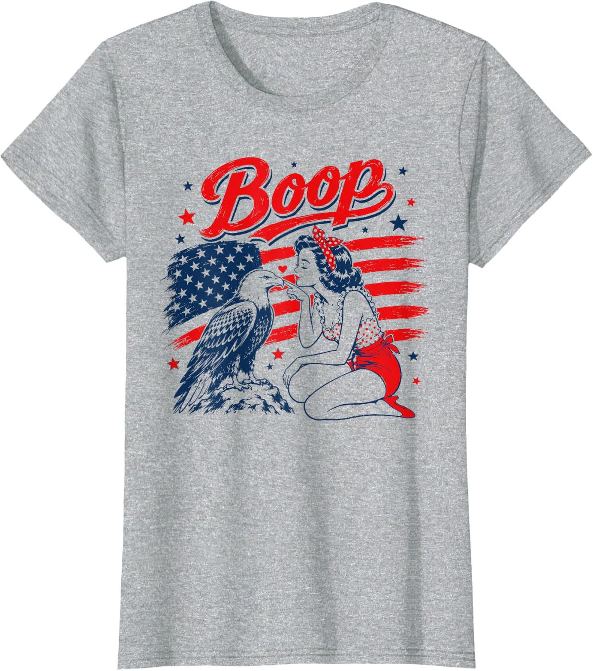 Patriotic Pinup Girl Bald Eagle Boop 4th of July Shirt Tees T-Shirts for Women Girls - Heather Grey