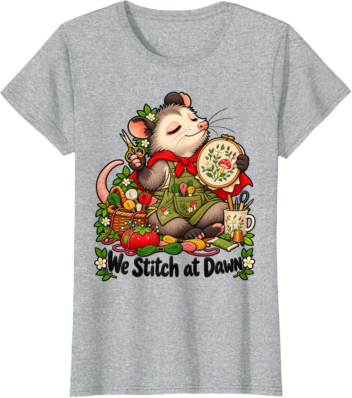 We Stitch at Dawn Possum Embroidery Artist Needlework Humor T-Shirt - Heather Grey