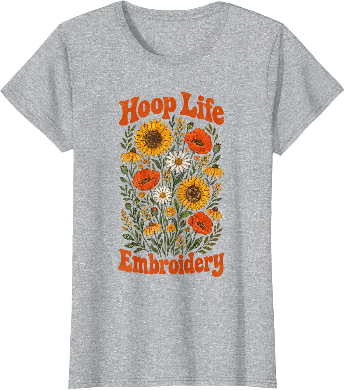 Hoop Life Embroidery Needlecraft Flowers T-Shirt - Heather Grey