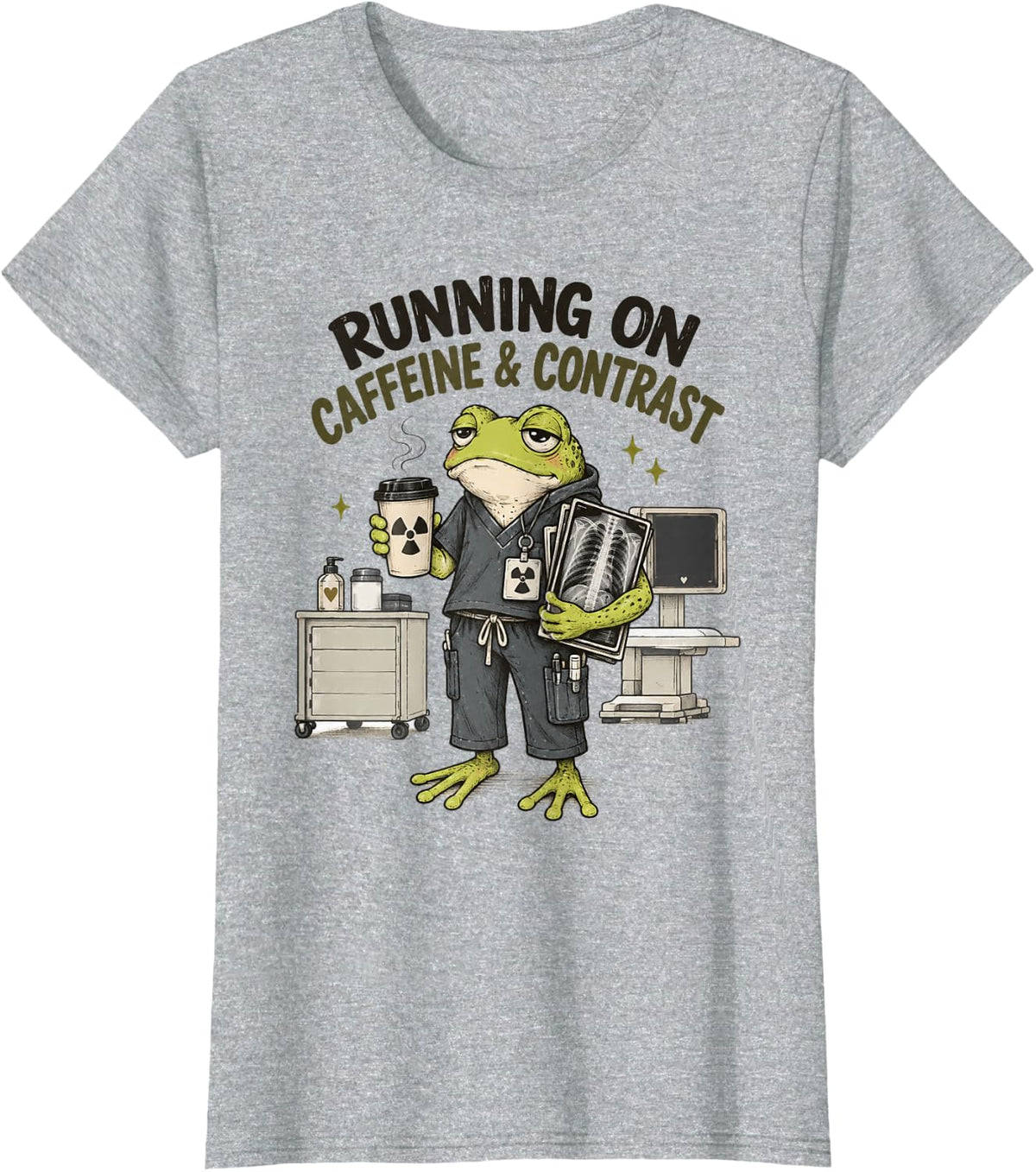 Coffee Radiology Rad Tech Frog Running On Caffeine Contrast T-Shirt - Heather Grey