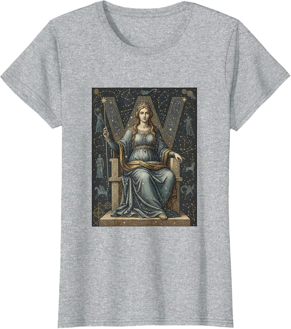 Cassiopeia Crowned Queen Celestial Star Map Art Graphic T-Shirt - Heather Grey