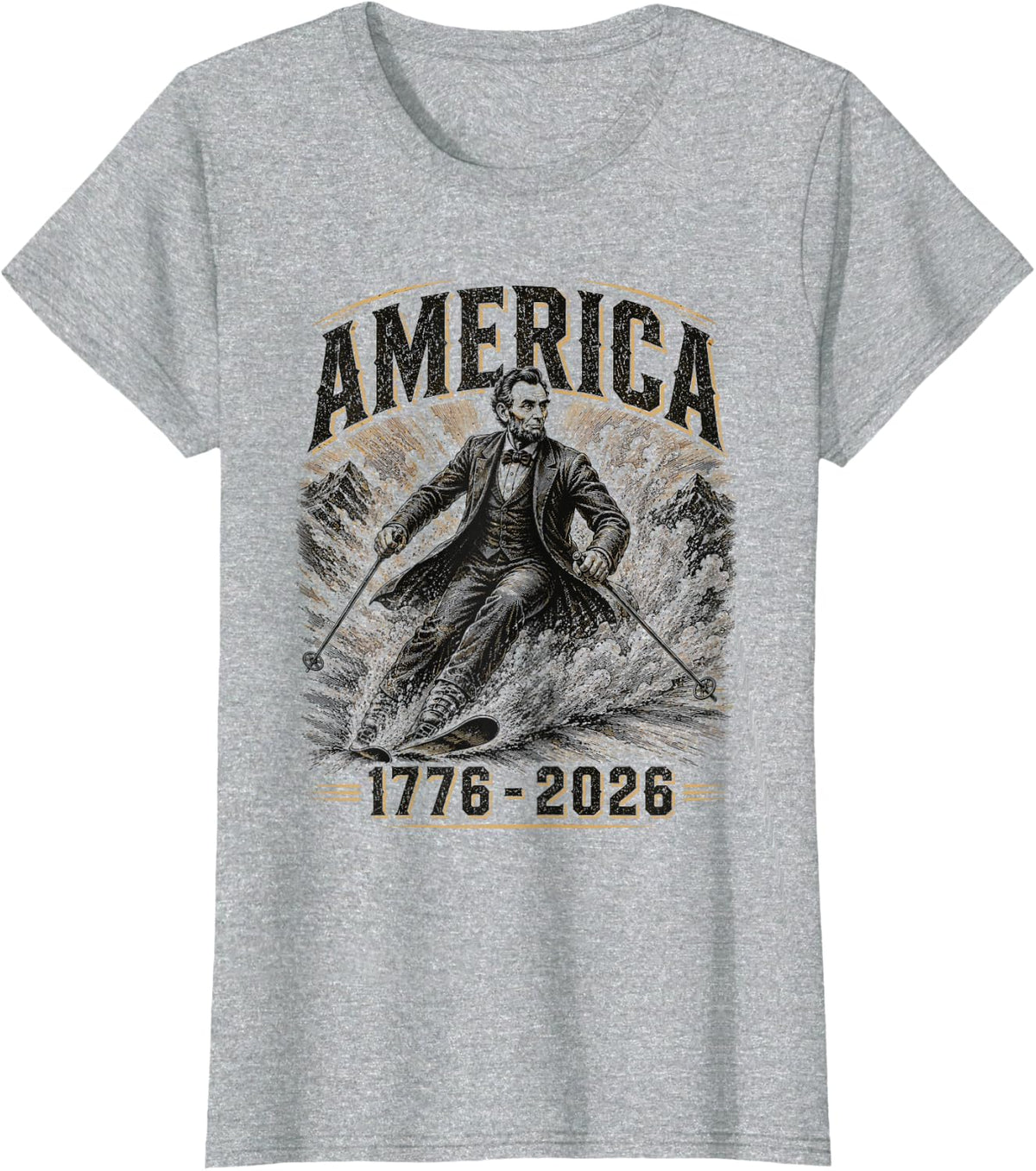 America 1776 2026 Abraham Lincoln Skiing President Graphic T-Shirt - Heather Grey