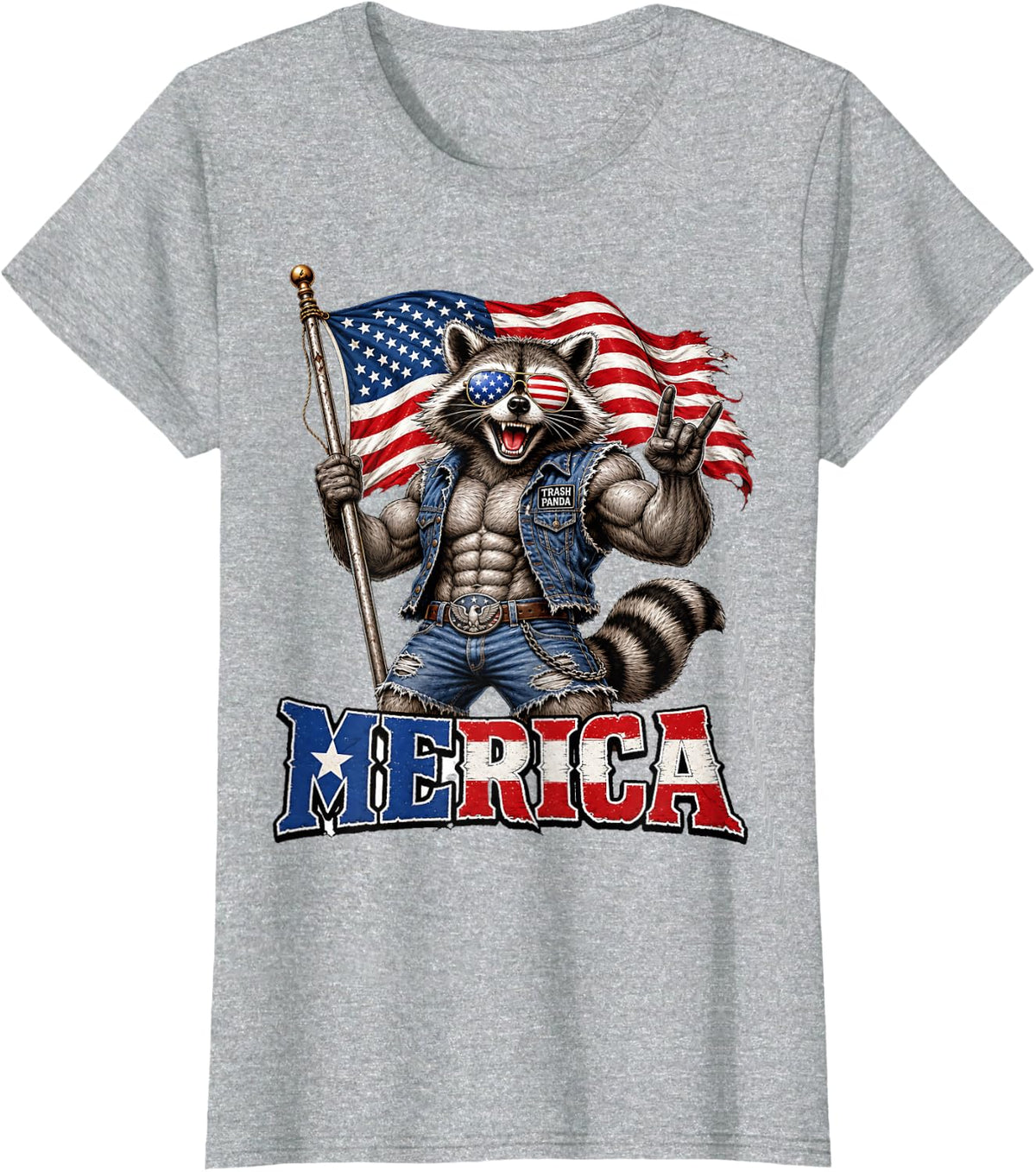 Merica Trash Panda Patriotic Raccoon American Flag T-Shirt - Heather Grey