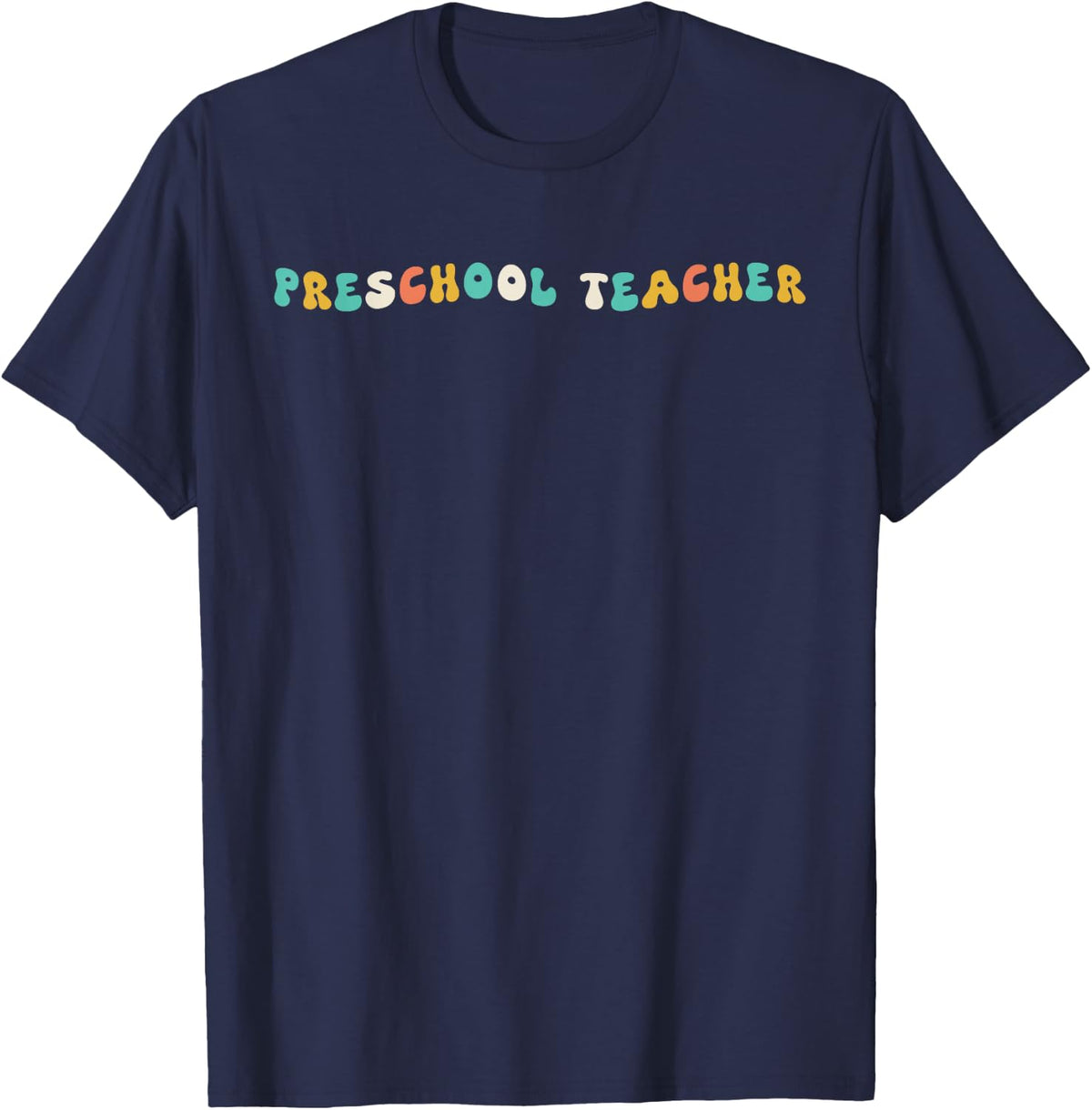 Preschool Teacher Retro Wavy Colorful T-Shirt - Navy Blue