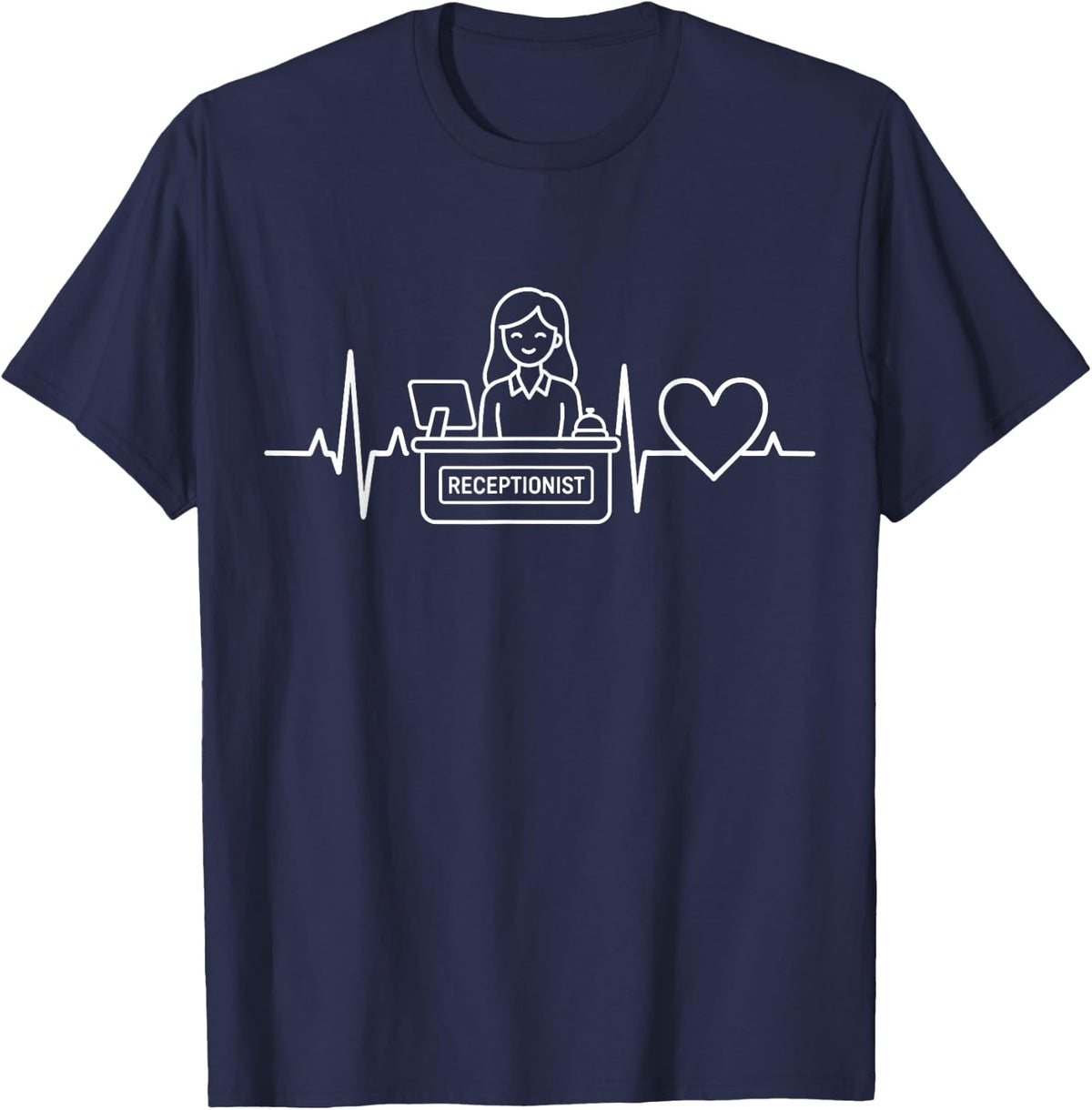 Receptionist Heartbeat Desk Worker Pulse Line Art T-Shirt - Navy Blue