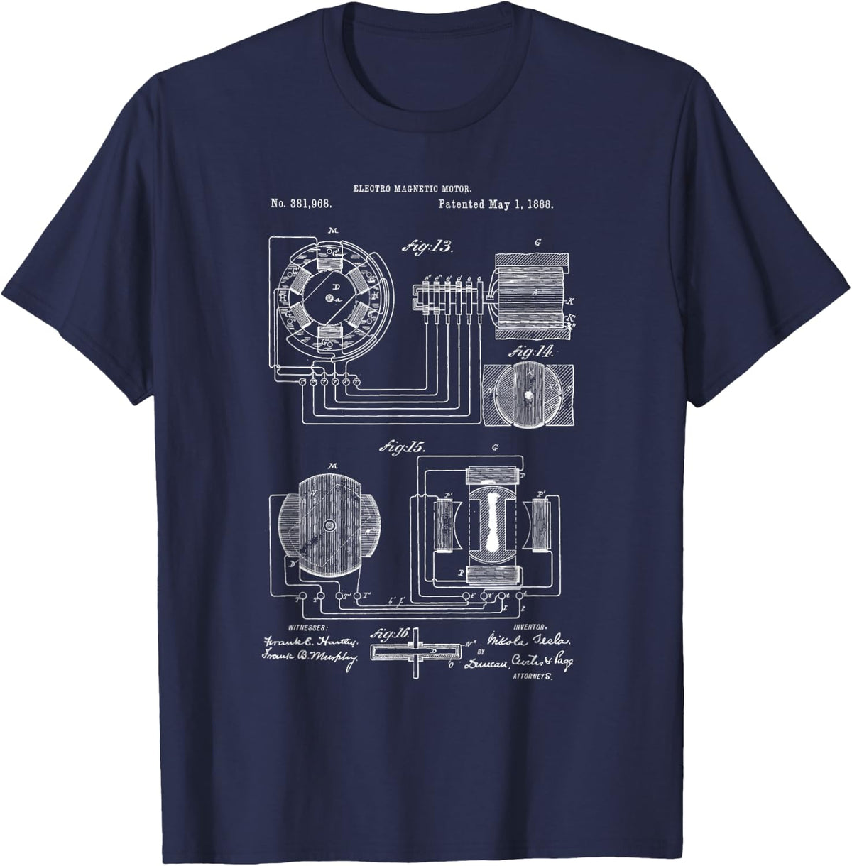 Antique Electric Motor Schematic Print T-Shirt - Navy Blue