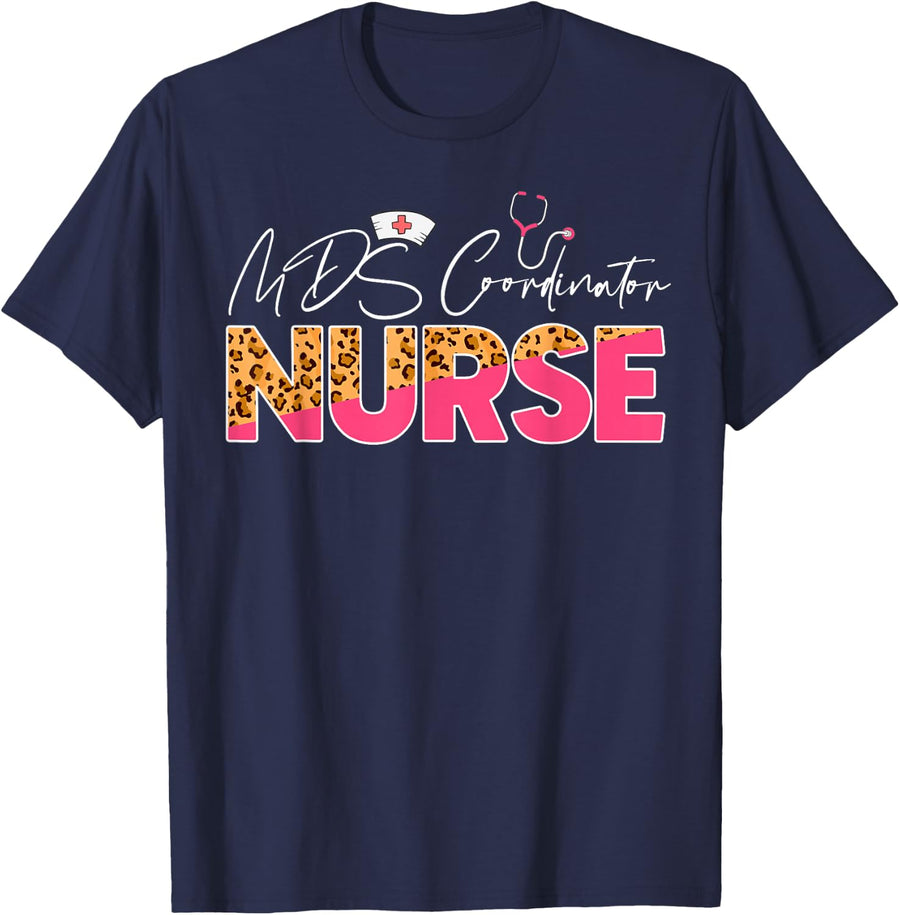 Cute MDS Coordinator Nurse Leopard Nursing Tee T-Shirt For Healthcare Workers - Navy Blue