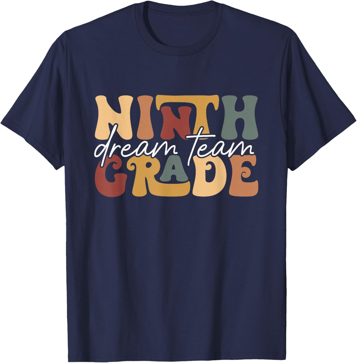 Retro Ninth Grade Dream Team Groovy Teacher Back to School T-Shirt - Navy Blue