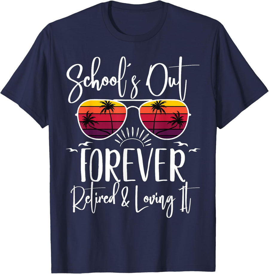 Schools Out Forever & Retired Teacher Retirement Summer Palm T-Shirt - Navy Blue