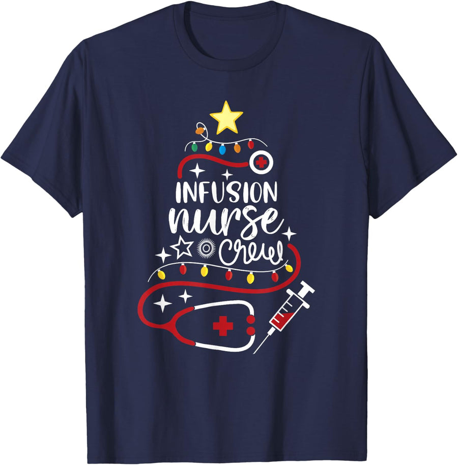 Merry Christmas Chemo Infusion Nursing - Infusion Nurse Crew T-Shirt - Navy Blue