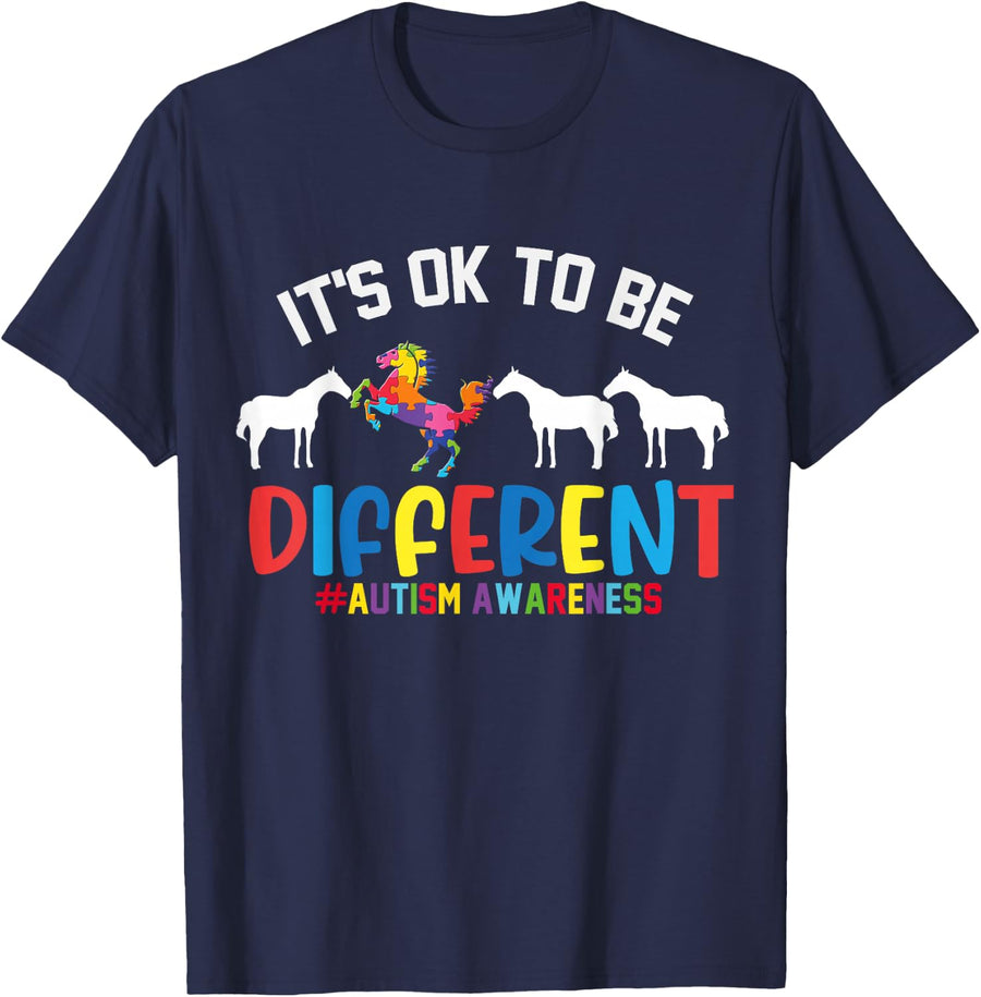ts Ok To Be Different Horse Autism Awareness Acceptance Kids T-Shirt - Navy Blue