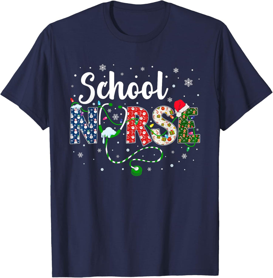 School Nurse Xmas Santa Hat Funny Nurse Christmas Pattern T-Shirt - Navy Blue