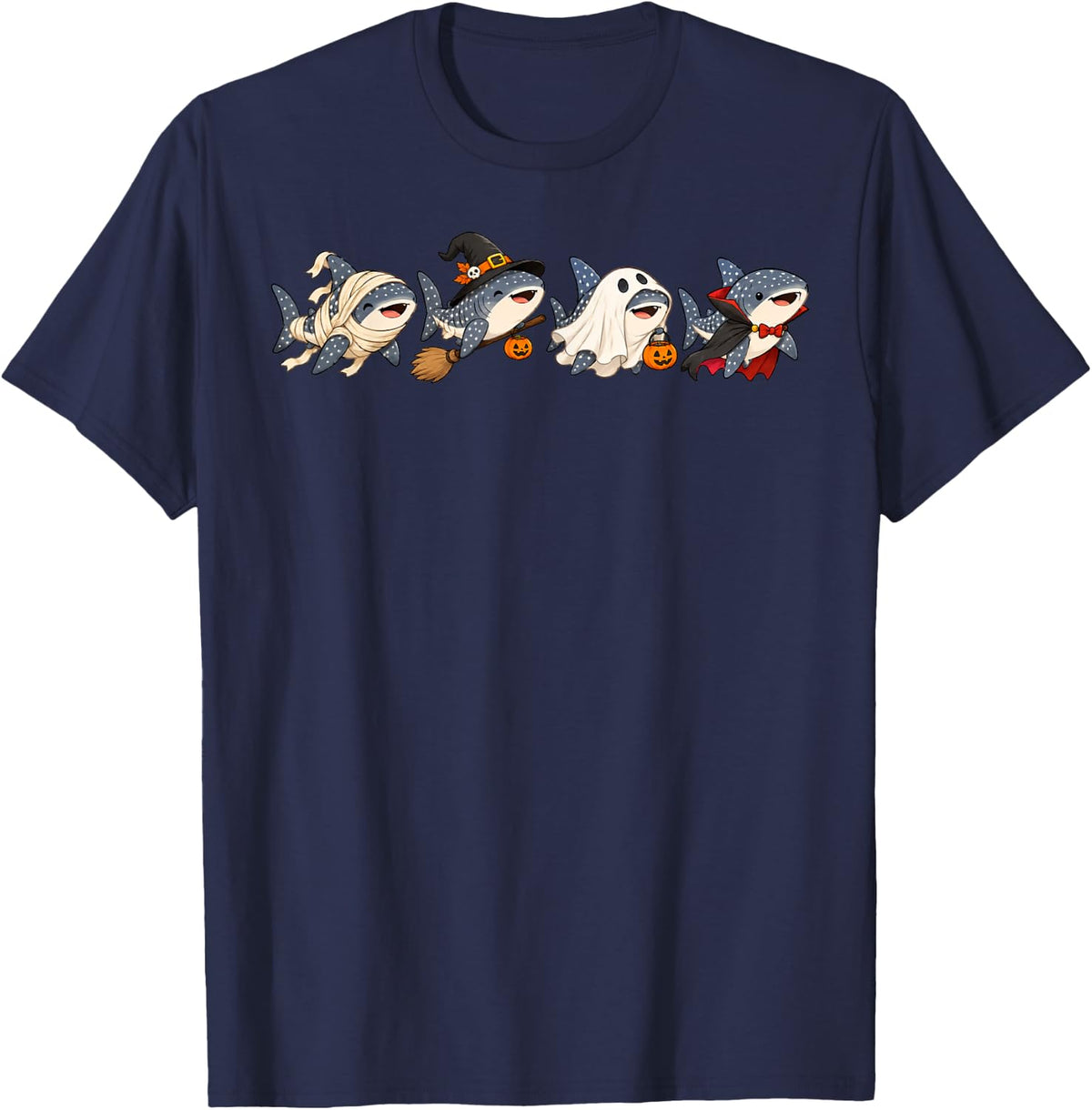 Halloween Whale Shark Funny Spooky Ghost Witch Mummy Whale T-Shirt - Navy Blue