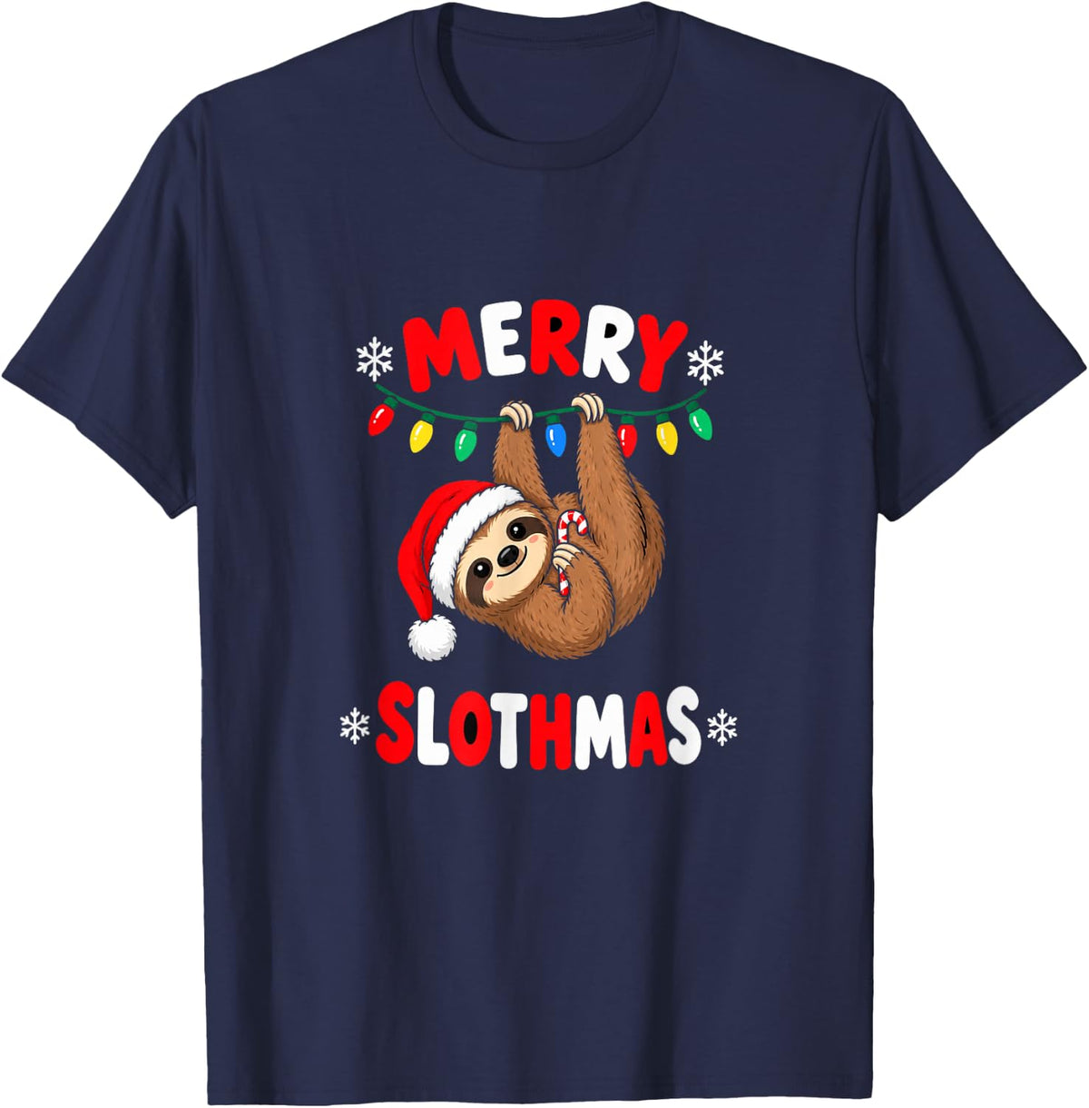 Merry Slothmas Funny Christmas Sloth Santa Hat Candy Cane T-Shirt - Navy Blue