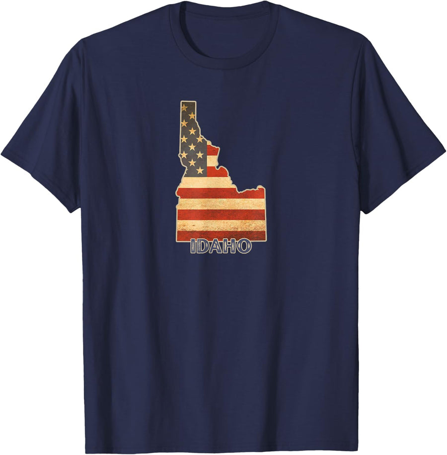 Distressed Vintage Idaho American 4th of July Flag Design T-Shirt - Navy Blue