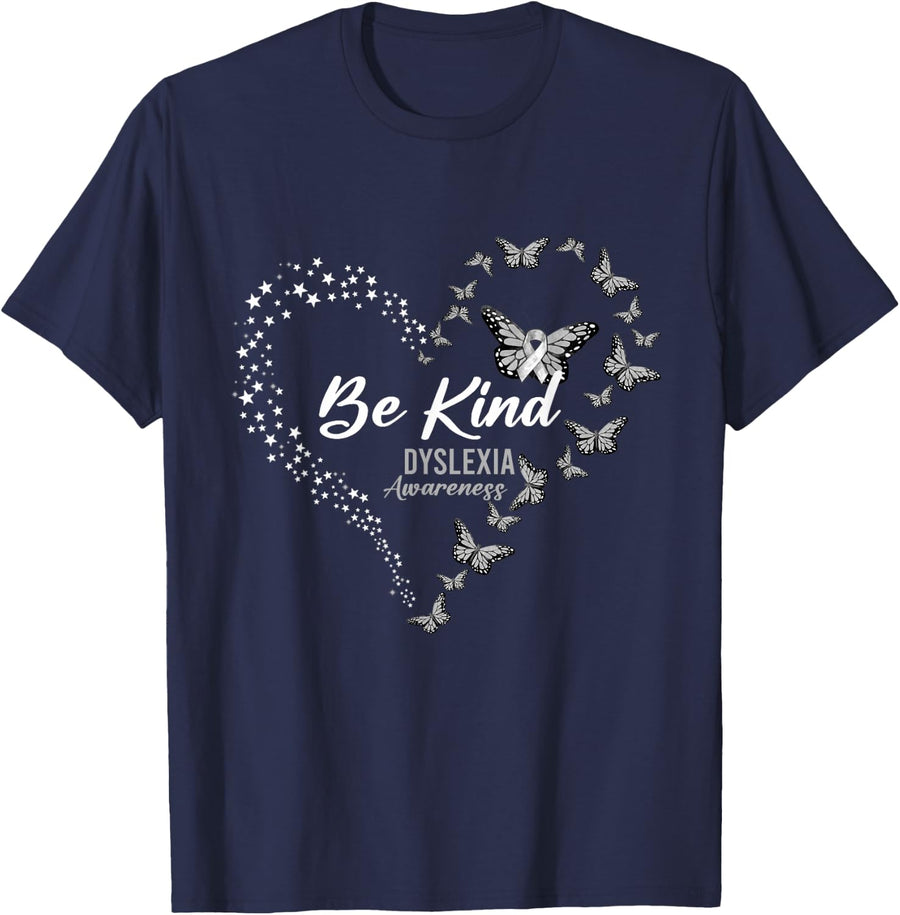 Butterfly Be Kind Gray Ribbon Dyslexia Awareness T-Shirt - Navy Blue