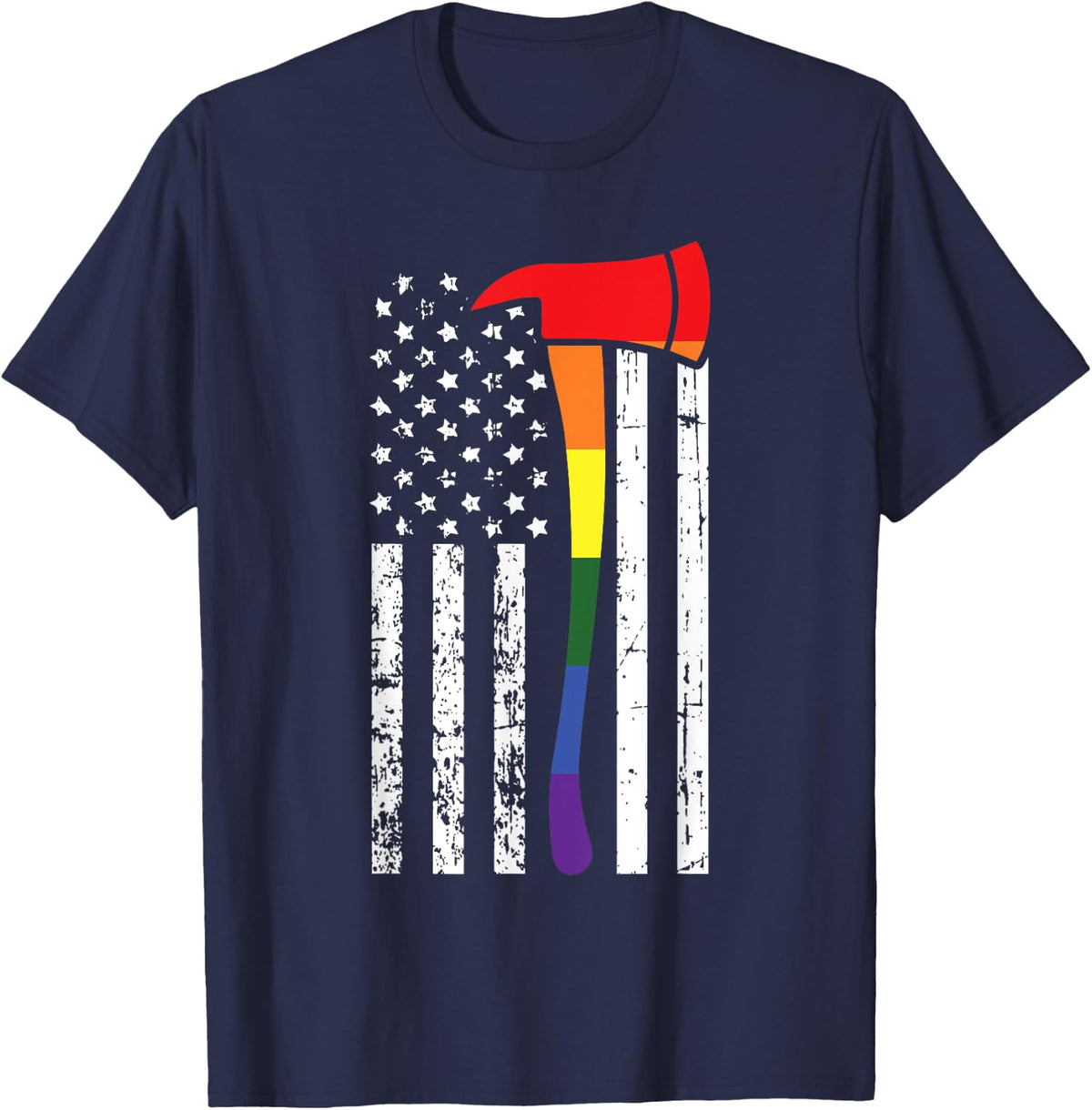 Firefighter American Flag LGBT-Q Gay Pride Flag Fireman Ally T-Shirt - Navy Blue