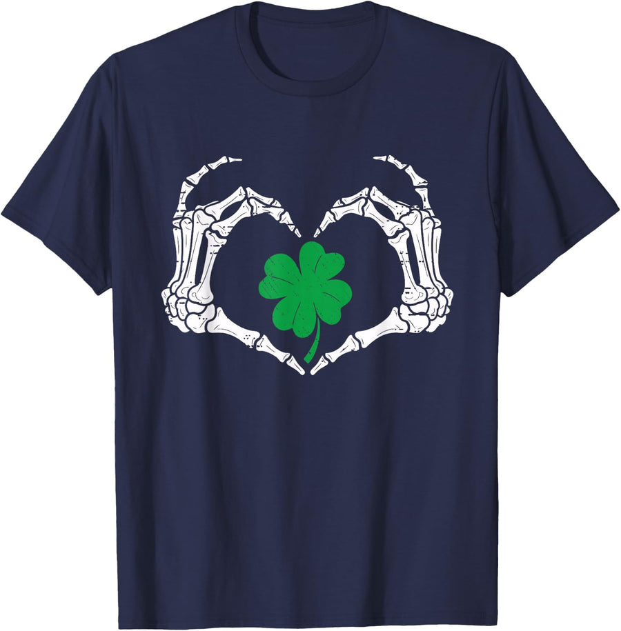 Skeleton Hand Heart Shamrock St Patricks Day Saint Pattys T-Shirt - Navy Blue